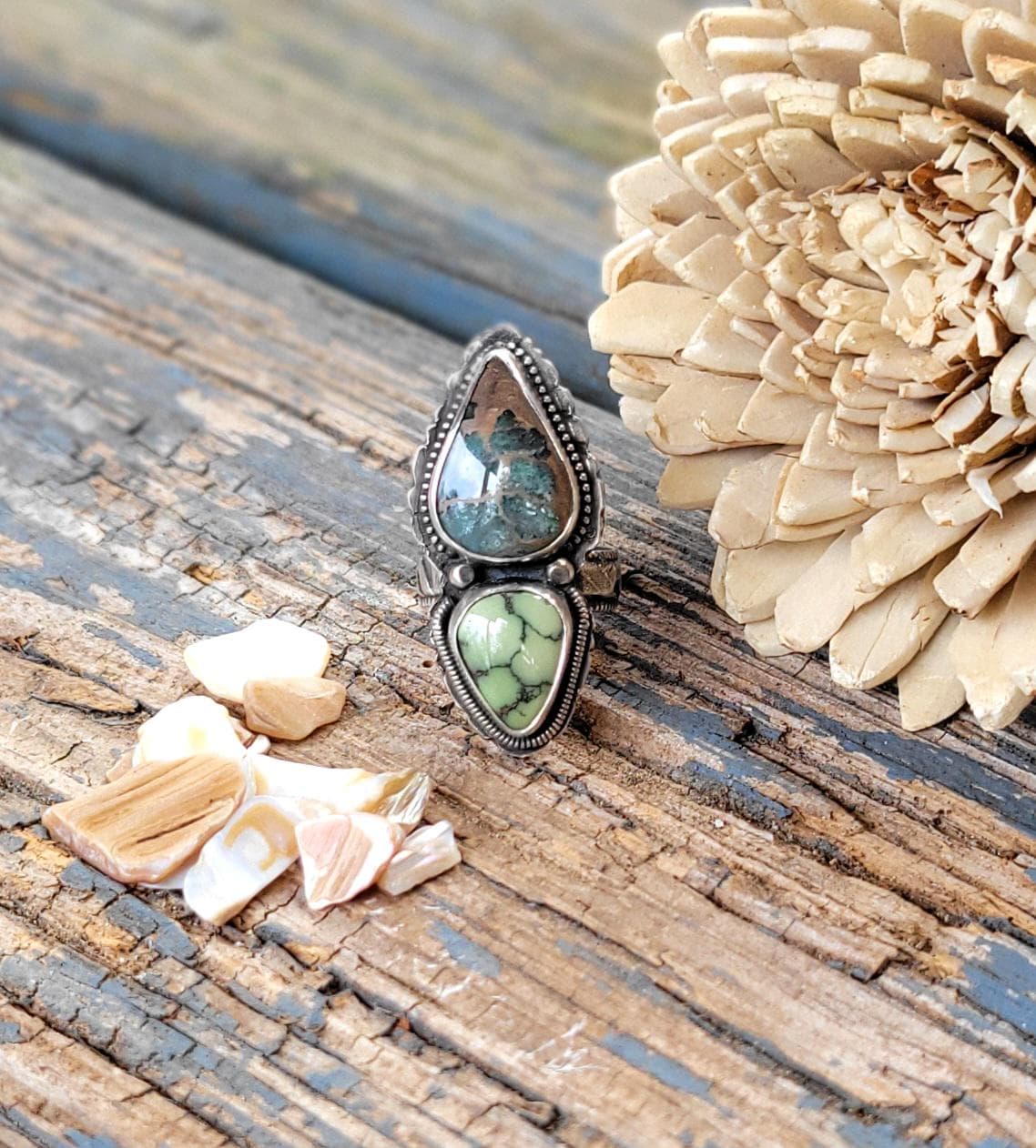 Double Stone Turquoise Ring - slate blue, green, natural stones, sterling silver, pattern shank & back, handmade, southwestern, Size 6.5 USA