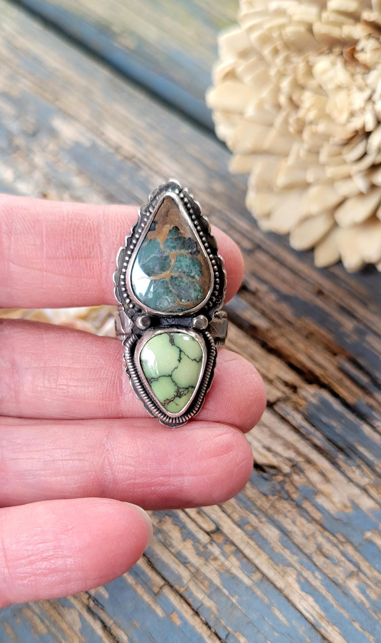 Double Stone Turquoise Ring - slate blue, green, natural stones, sterling silver, pattern shank & back, handmade, southwestern, Size 6.5 USA