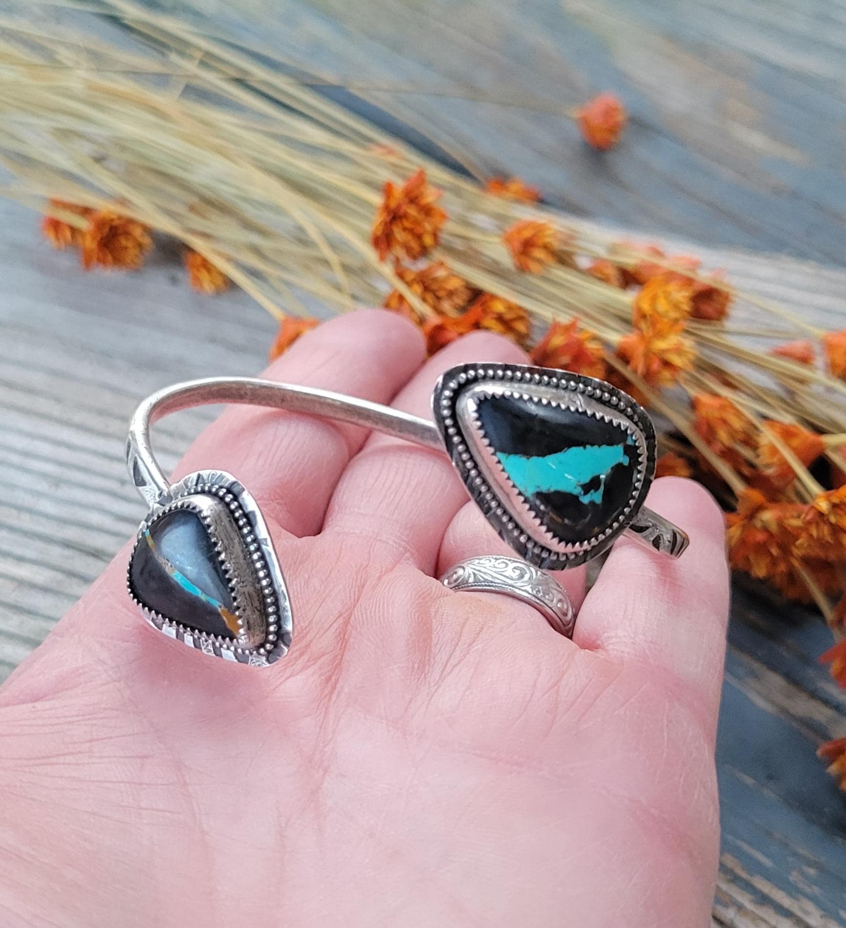Natural Black Jack Turquoise Open Silver Cuff - handmade, bracelet, sterling, southwestern, blue, black,orange, ribbon, beautiful gift