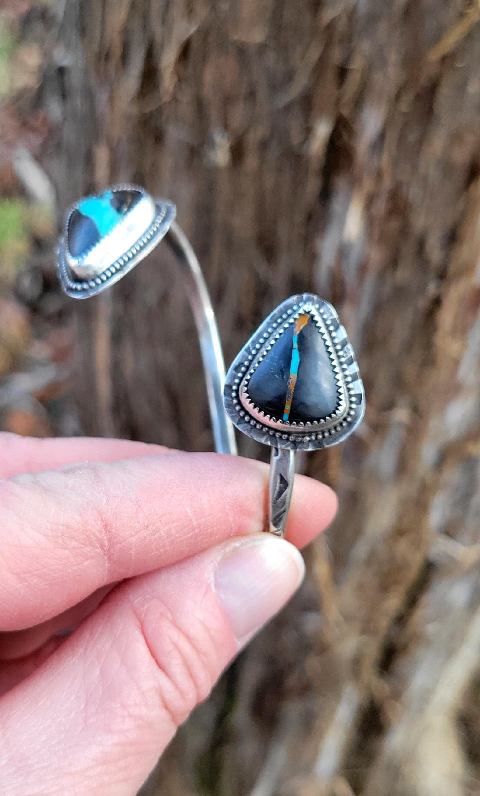 Natural Black Jack Turquoise Open Silver Cuff - handmade, bracelet, sterling, southwestern, blue, black,orange, ribbon, beautiful gift