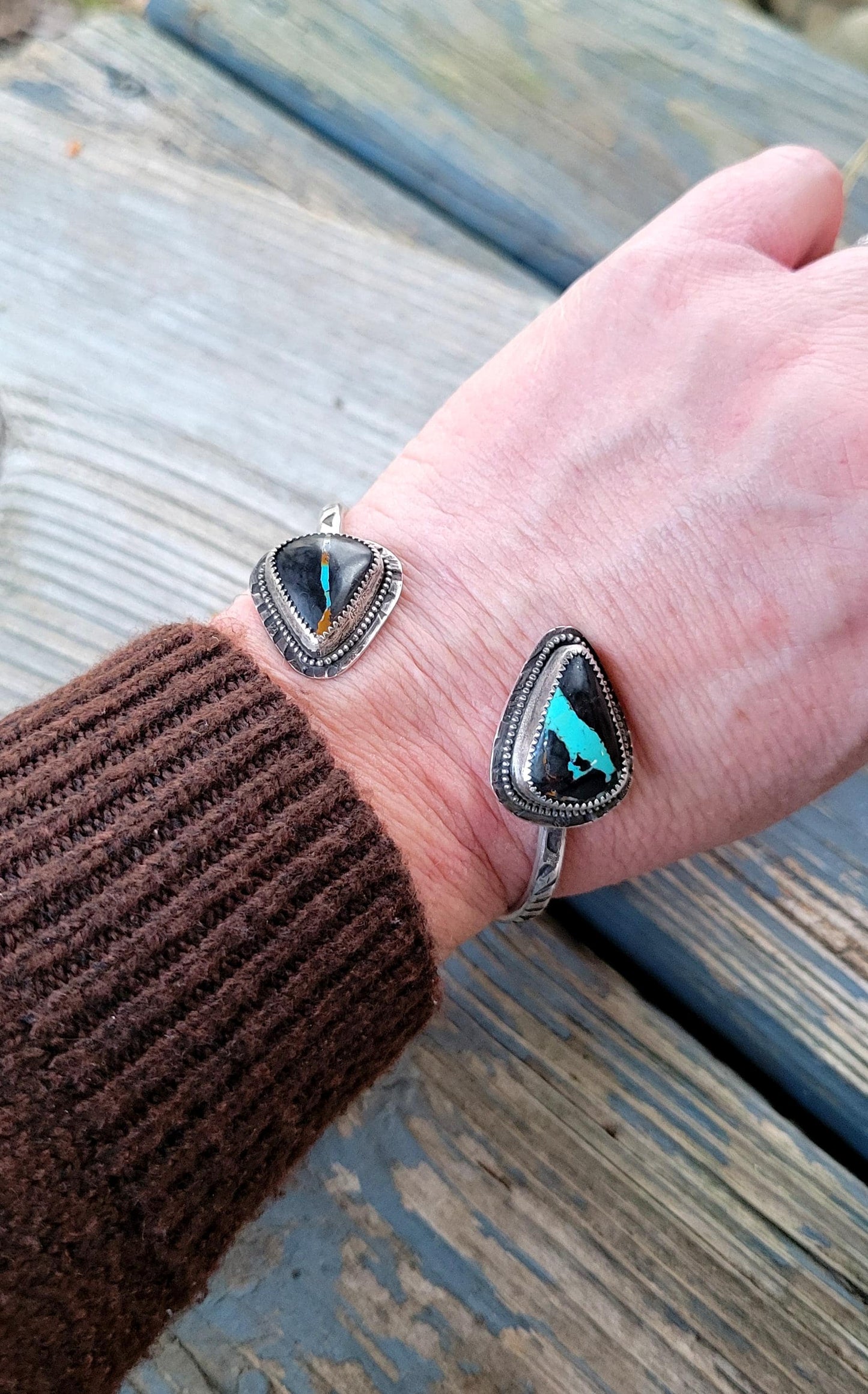 Natural Black Jack Turquoise Open Silver Cuff - handmade, bracelet, sterling, southwestern, blue, black,orange, ribbon, beautiful gift
