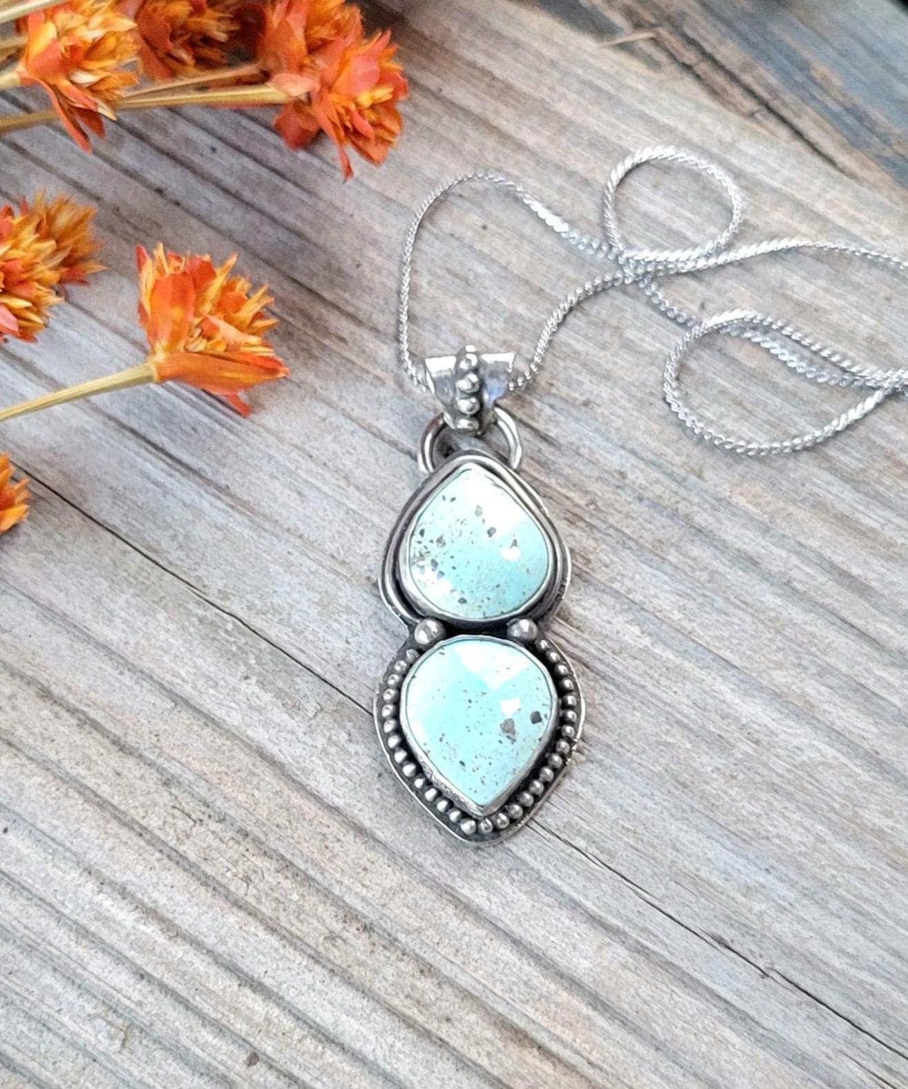 Natural Turquoise Silver Necklace - natural light blue lone mountain turquoise double stone set in sterling silver, handmade, beautiful gift