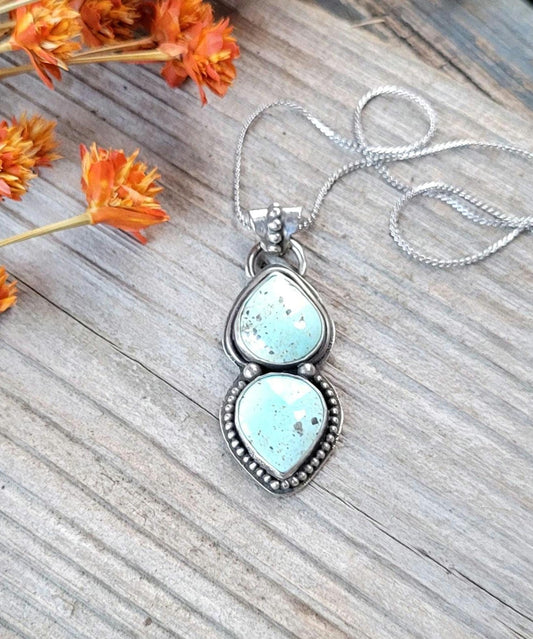 Natural Turquoise Silver Necklace - natural light blue lone mountain turquoise double stone set in sterling silver, handmade, beautiful gift