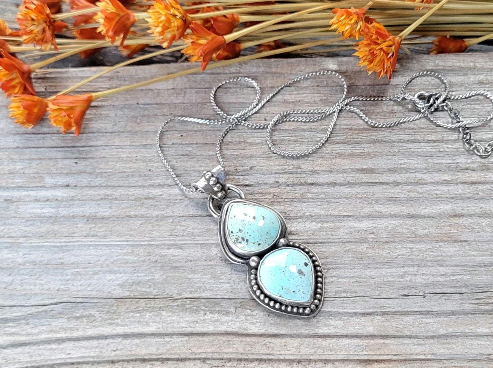 Natural Turquoise Silver Necklace - natural light blue lone mountain turquoise double stone set in sterling silver, handmade, beautiful gift