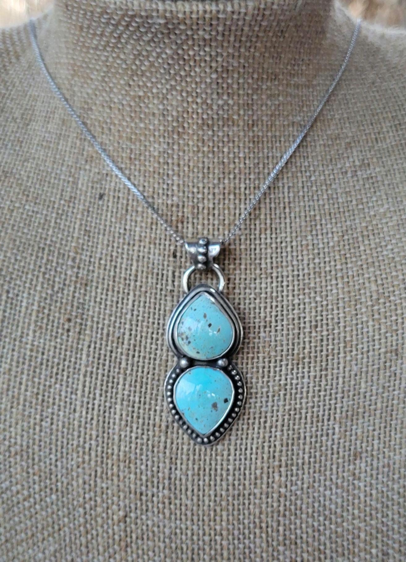 Natural Turquoise Silver Necklace - natural light blue lone mountain turquoise double stone set in sterling silver, handmade, beautiful gift