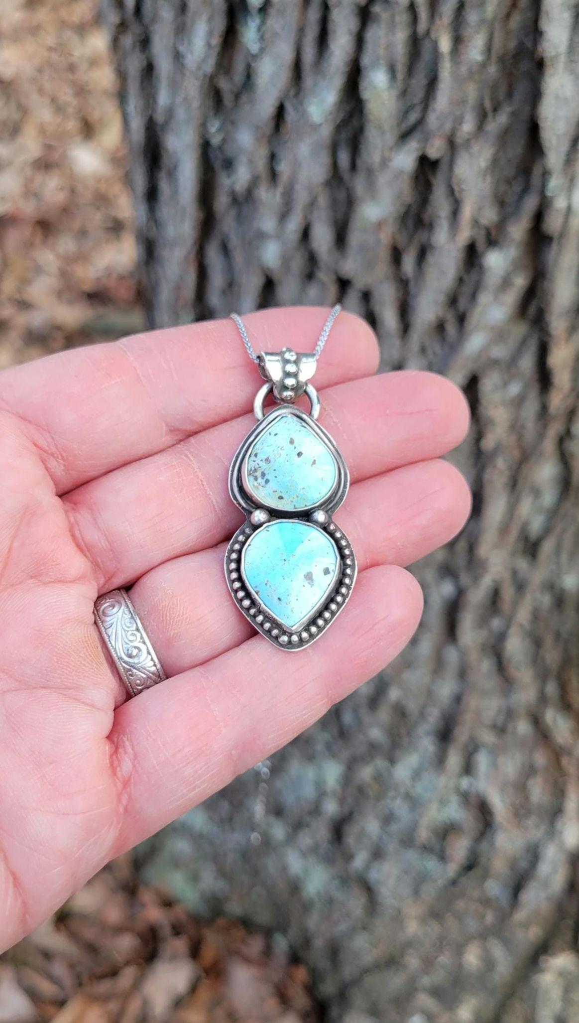 Natural Turquoise Silver Necklace - natural light blue lone mountain turquoise double stone set in sterling silver, handmade, beautiful gift