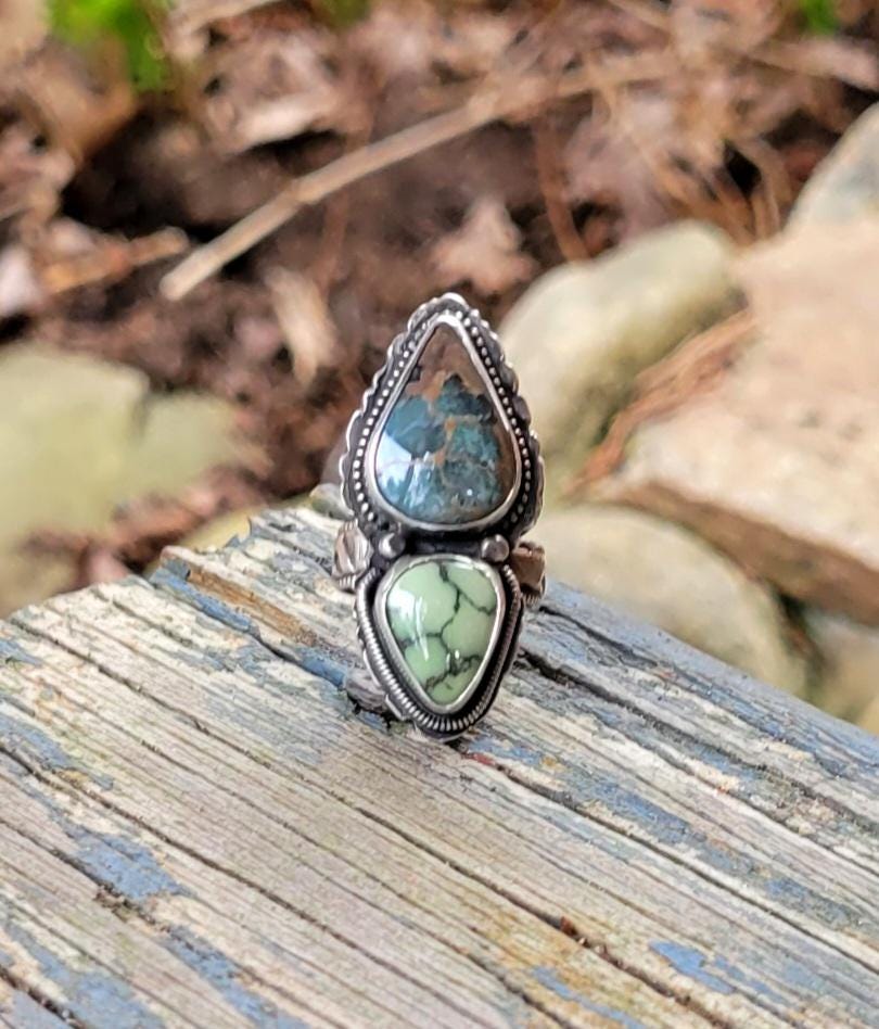 Double Stone Turquoise Ring - slate blue, green, natural stones, sterling silver, pattern shank & back, handmade, southwestern, Size 6.5 USA