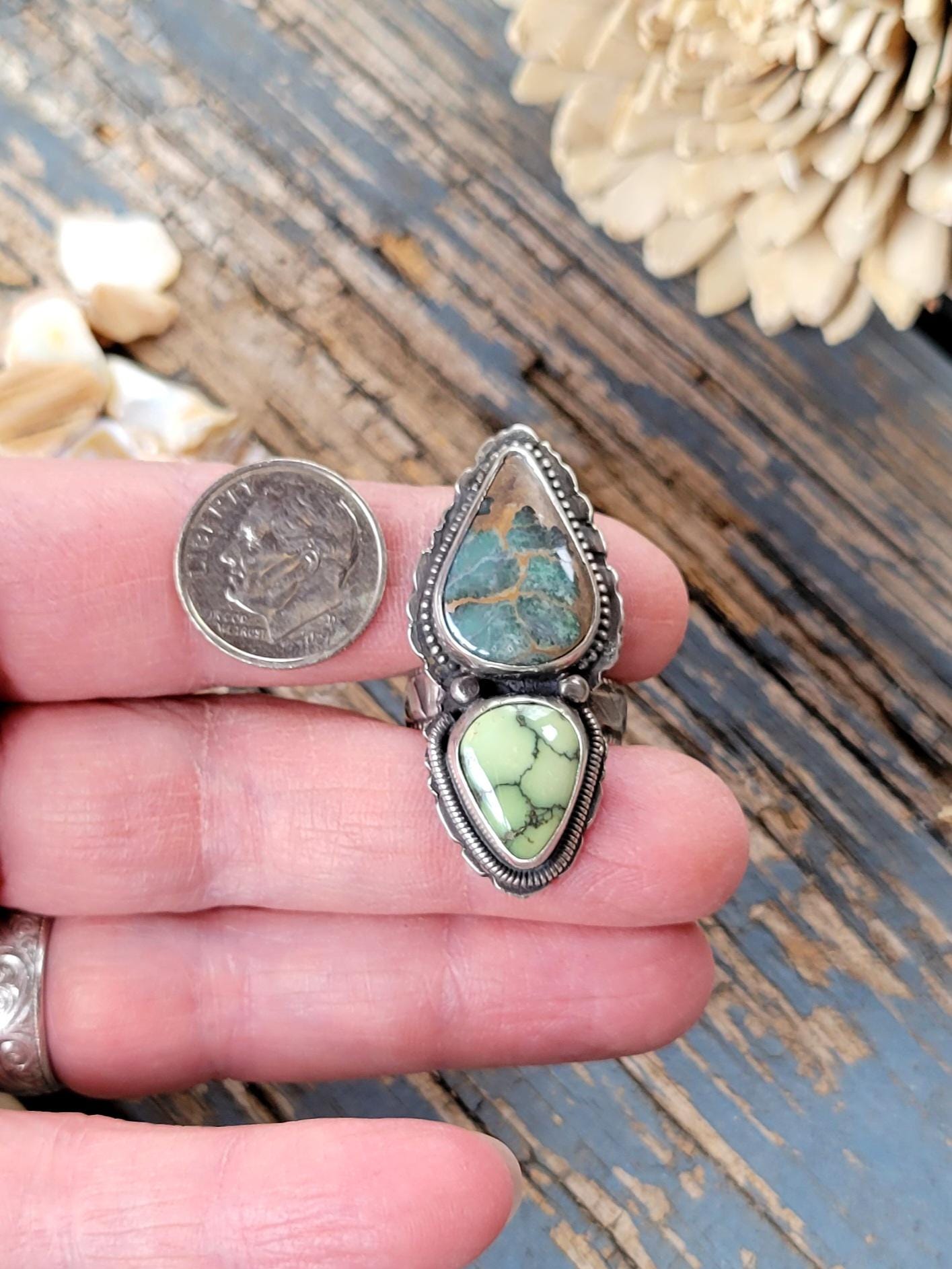 Double Stone Turquoise Ring - slate blue, green, natural stones, sterling silver, pattern shank & back, handmade, southwestern, Size 6.5 USA