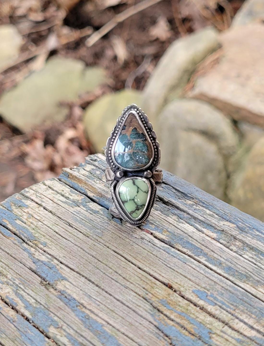 Double Stone Turquoise Ring - slate blue, green, natural stones, sterling silver, pattern shank & back, handmade, southwestern, Size 6.5 USA