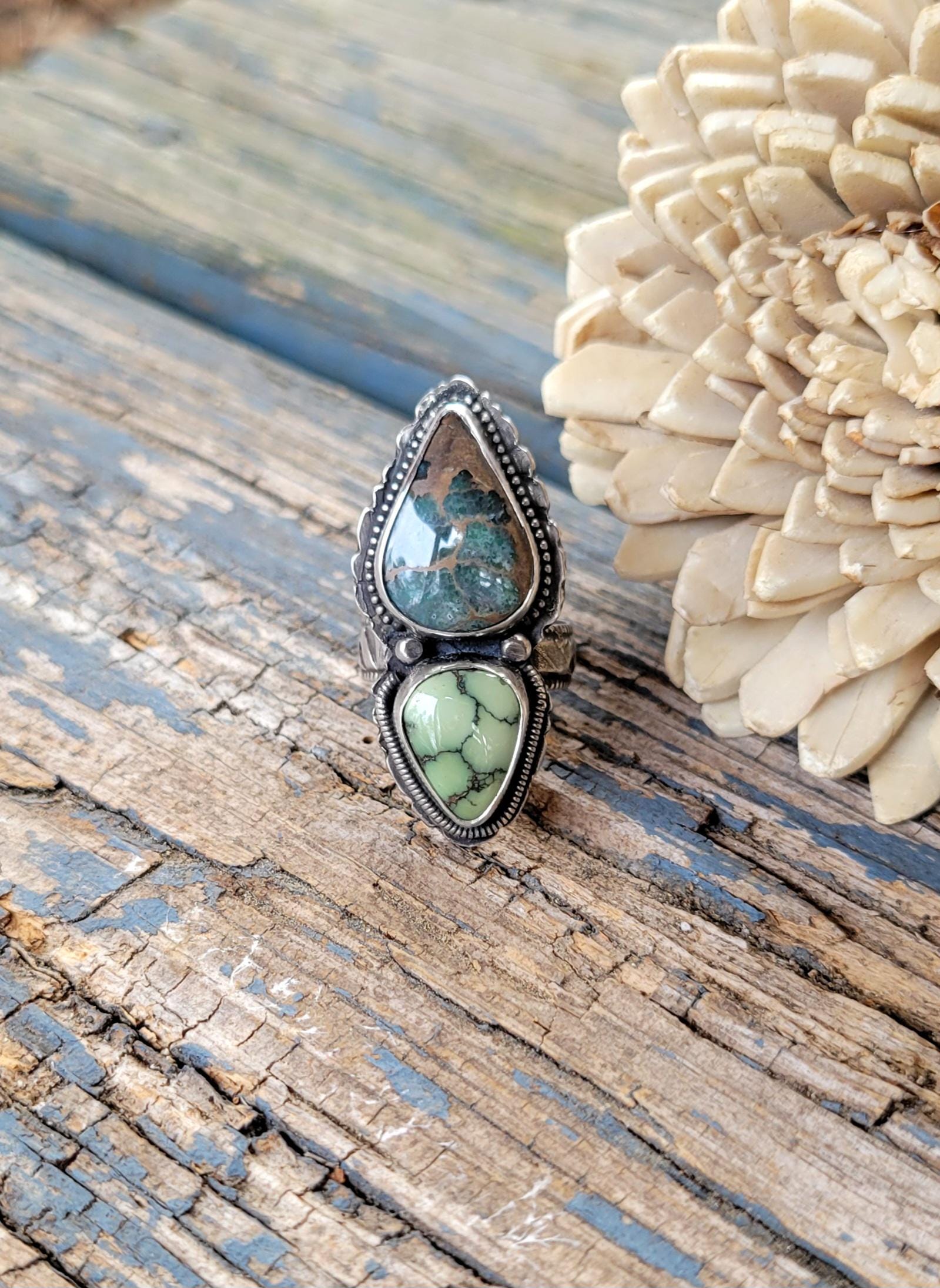 Double Stone Turquoise Ring - slate blue, green, natural stones, sterling silver, pattern shank & back, handmade, southwestern, Size 6.5 USA