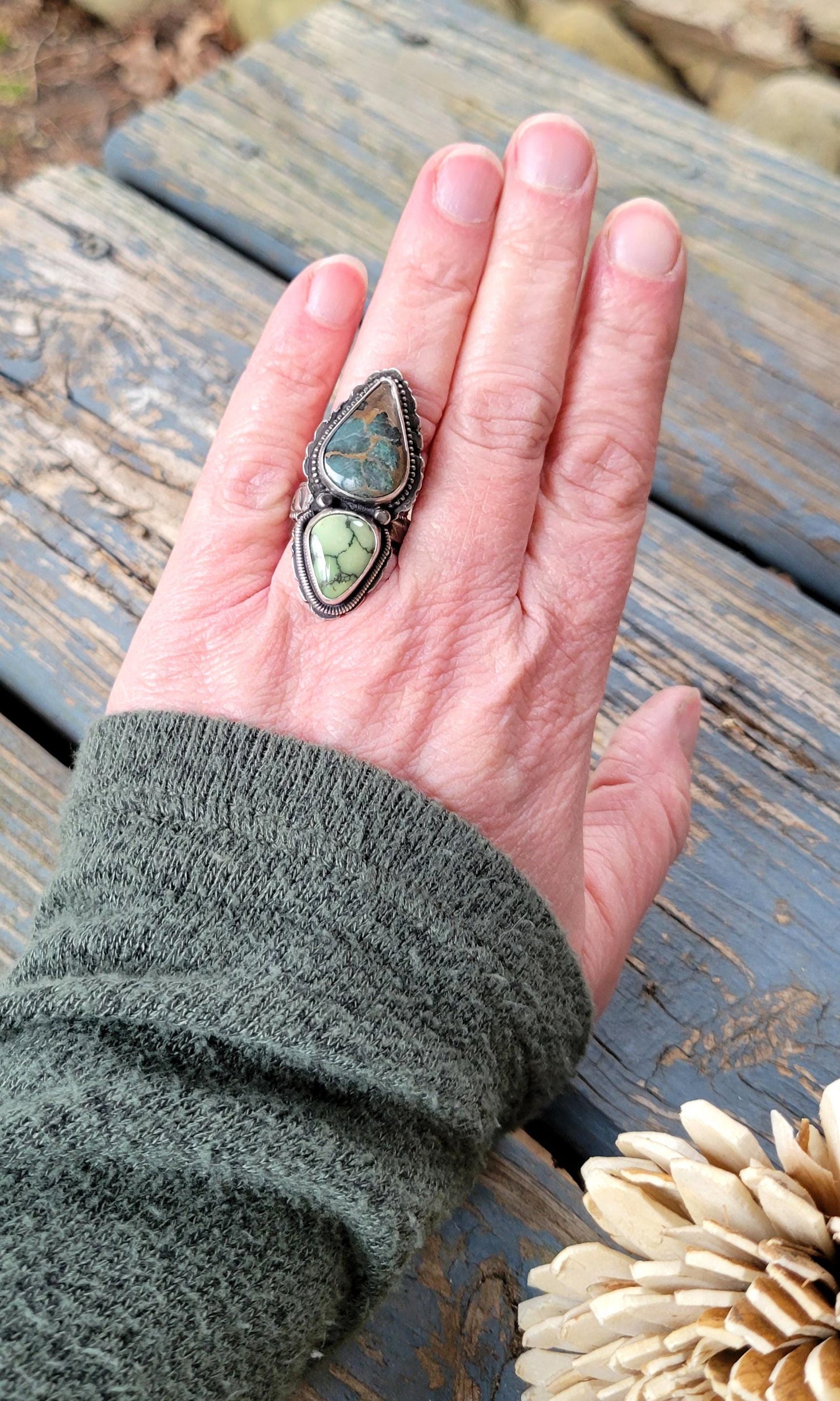 Double Stone Turquoise Ring - slate blue, green, natural stones, sterling silver, pattern shank & back, handmade, southwestern, Size 6.5 USA