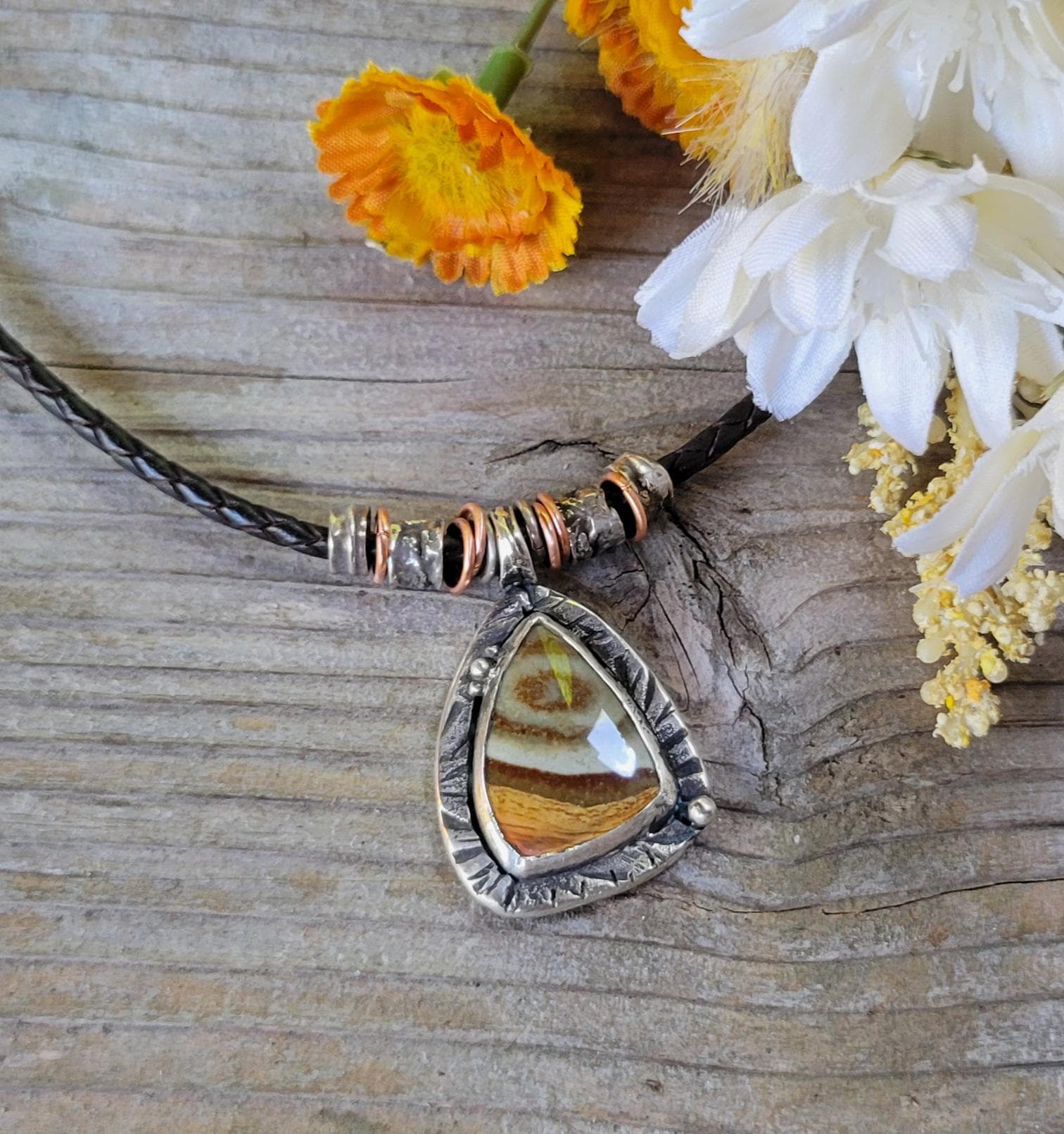Jasper Necklace - sterling silver, hand crafted, brown leather, natural stone, layered earth tones, handmade, adjustable, beautiful gift