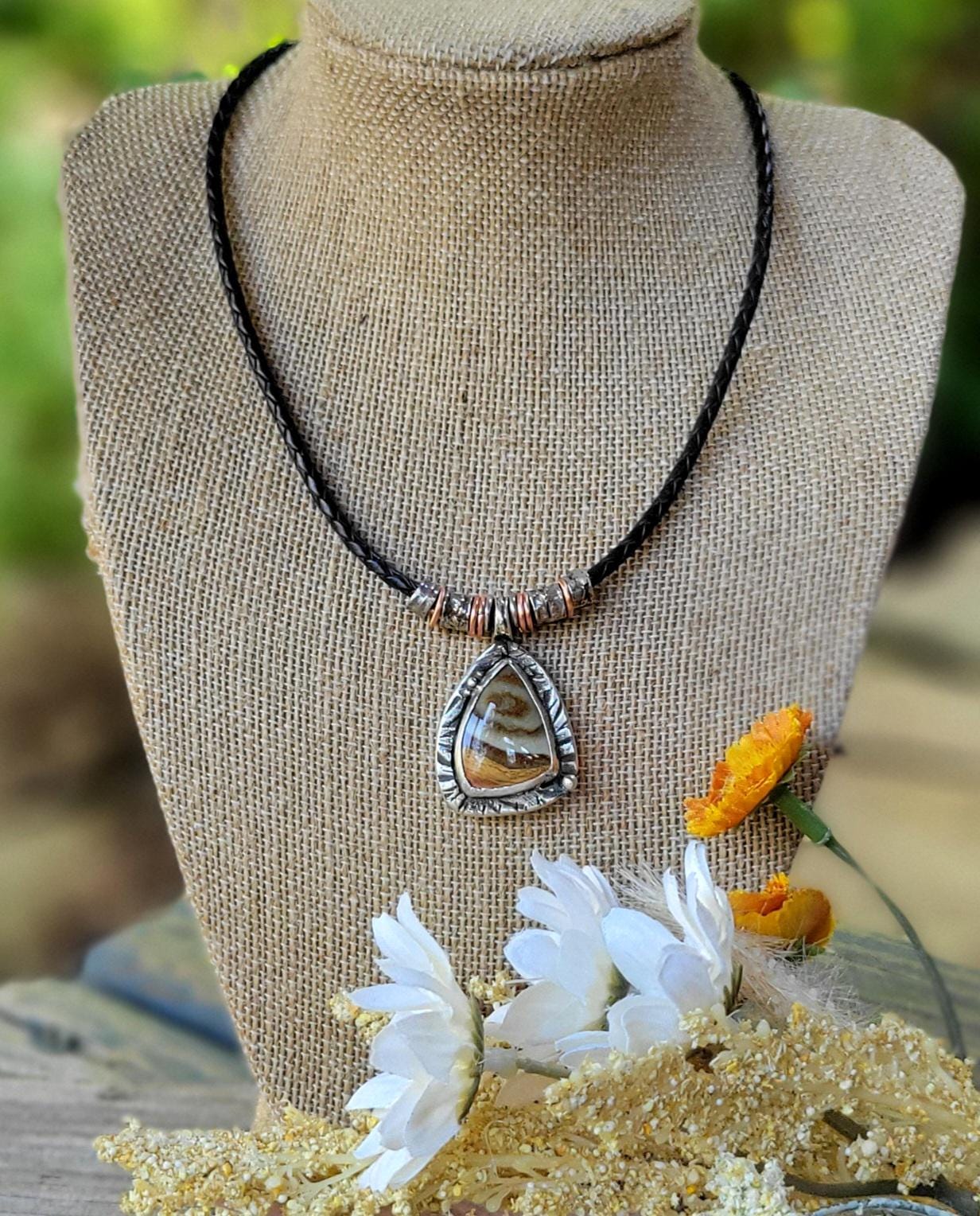 Jasper Necklace - sterling silver, hand crafted, brown leather, natural stone, layered earth tones, handmade, adjustable, beautiful gift