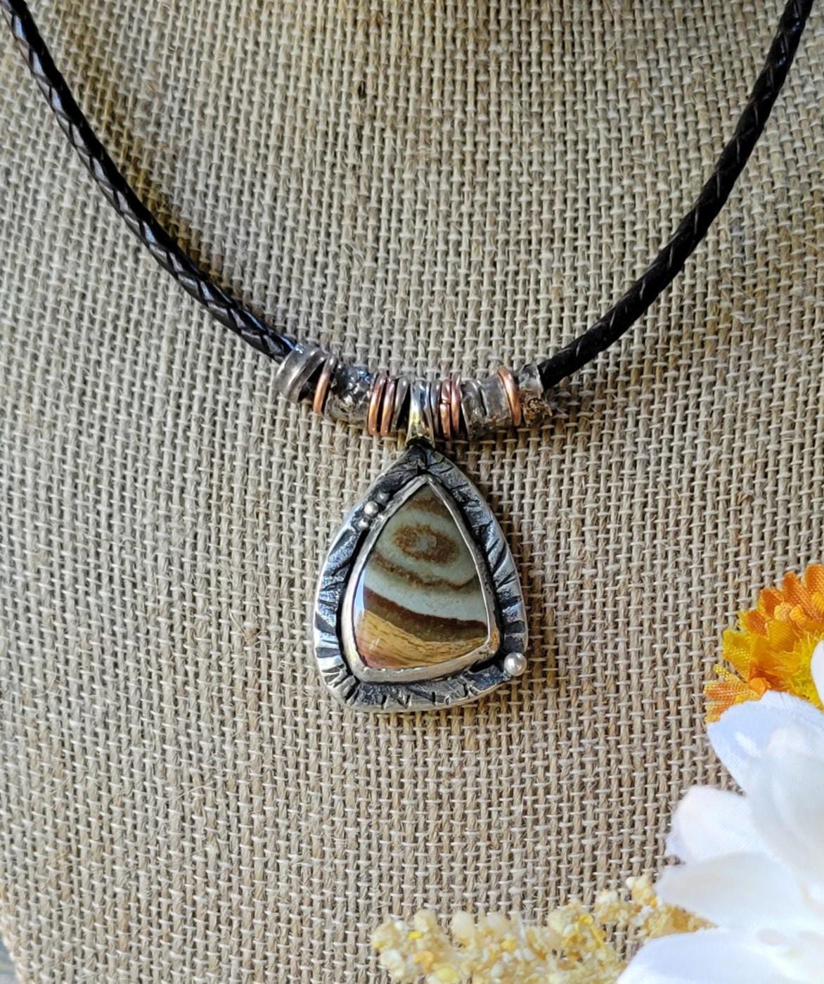 Jasper Necklace - sterling silver, hand crafted, brown leather, natural stone, layered earth tones, handmade, adjustable, beautiful gift