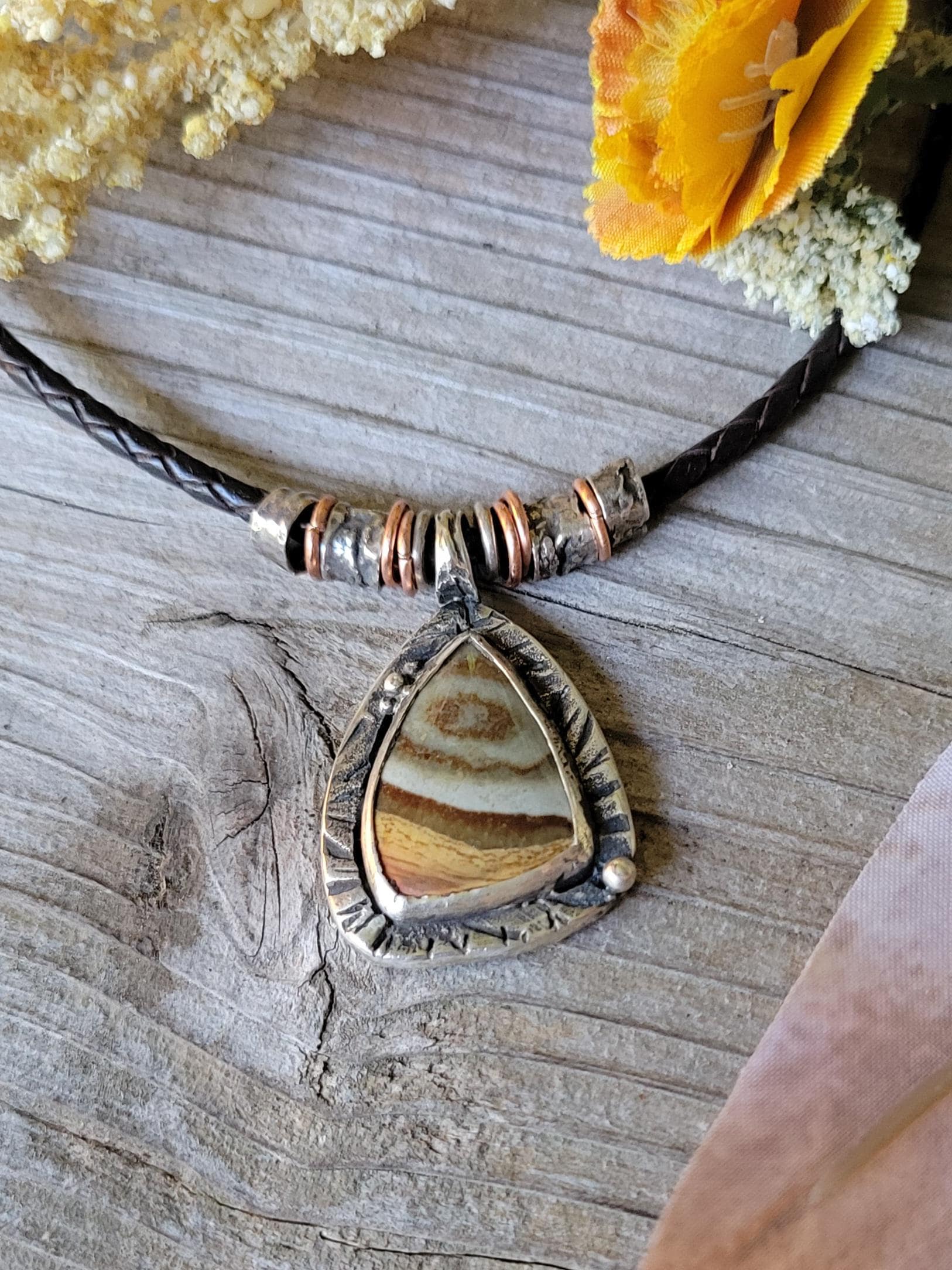 Jasper Necklace - sterling silver, hand crafted, brown leather, natural stone, layered earth tones, handmade, adjustable, beautiful gift