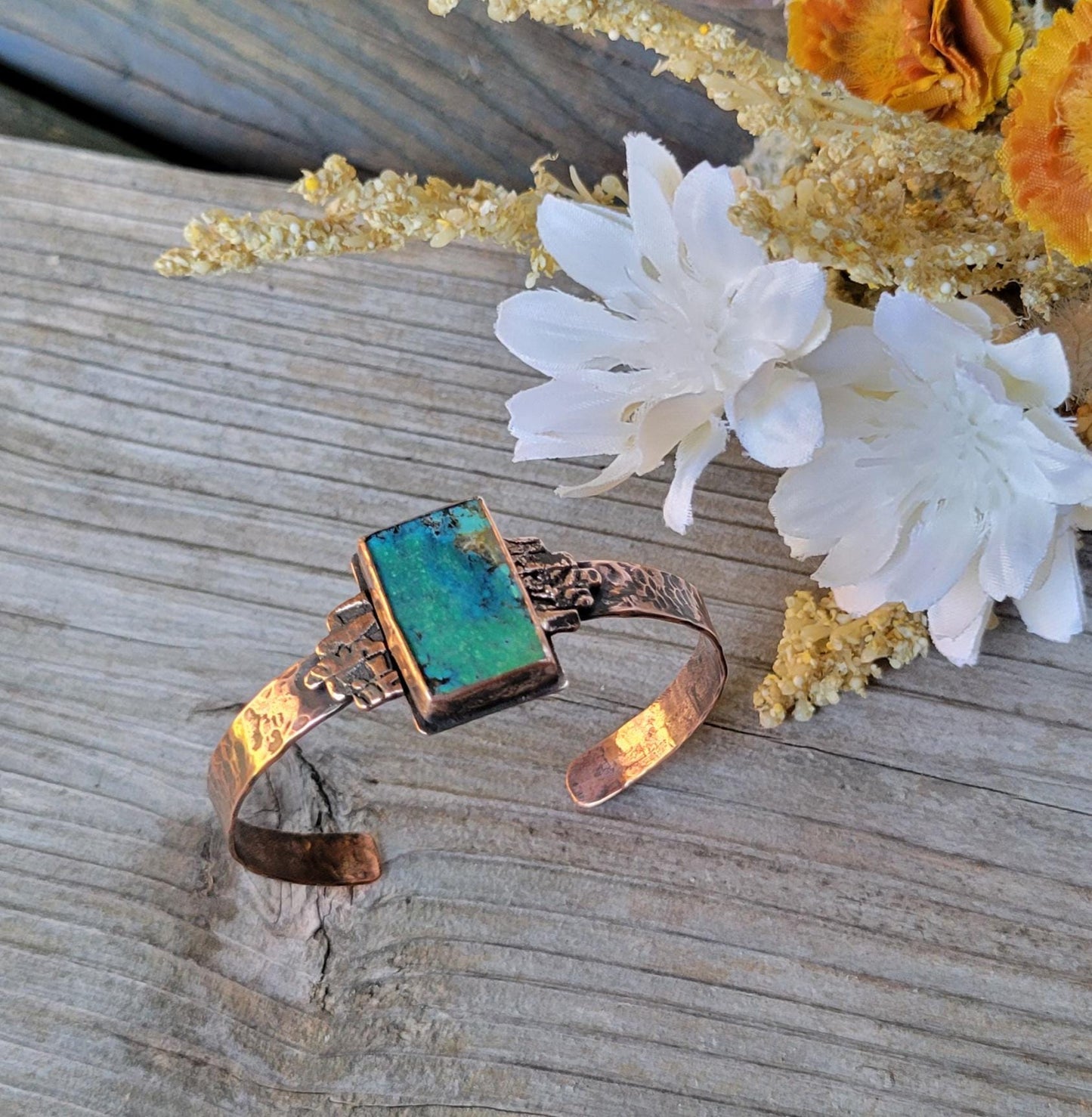 Turquoise Copper Cuff - handmade, green and blue hubei turquoise stone, antiqued hammered copper, rugged, solid, beautiful gift