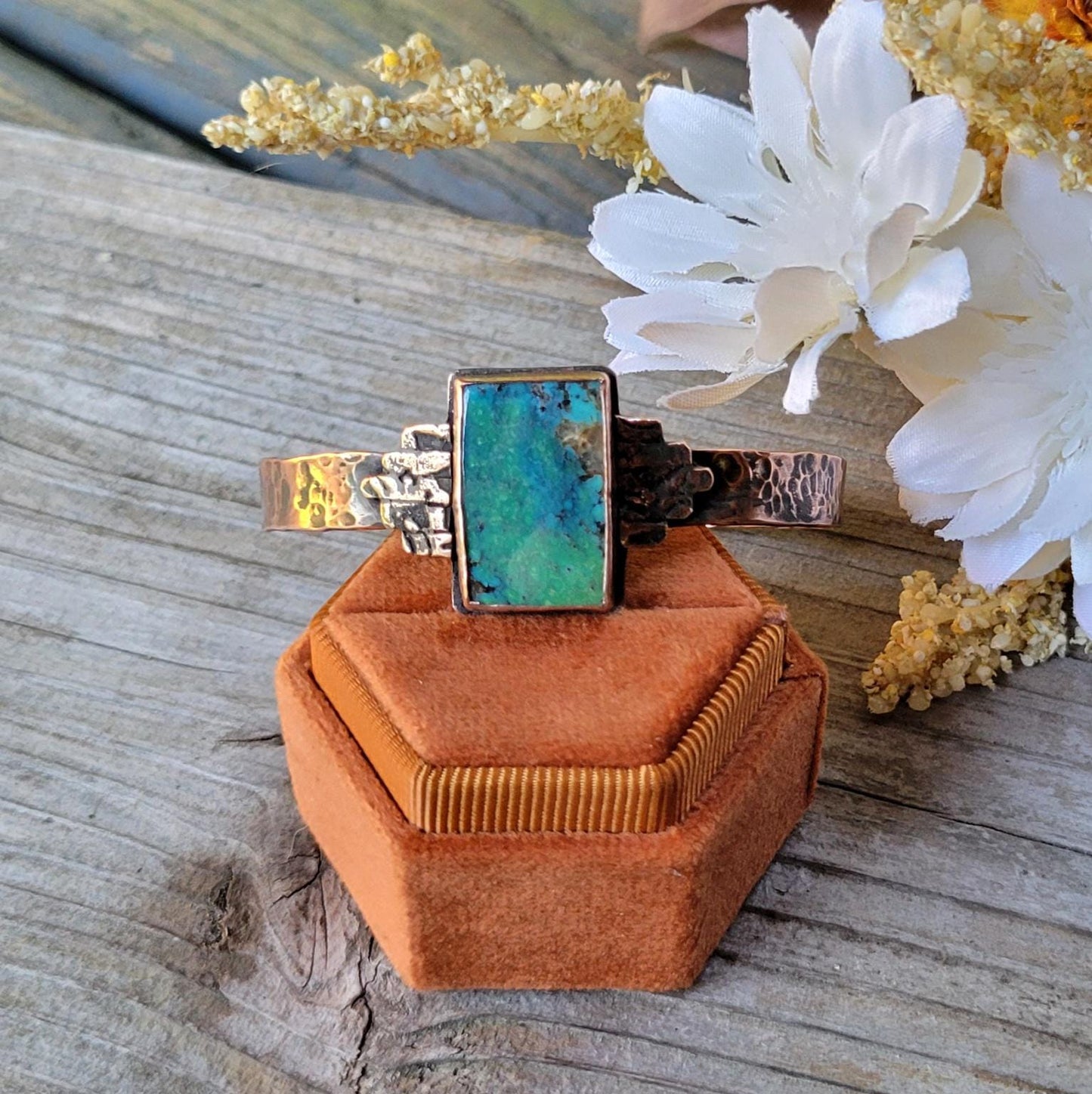 Turquoise Copper Cuff - handmade, green and blue hubei turquoise stone, antiqued hammered copper, rugged, solid, beautiful gift