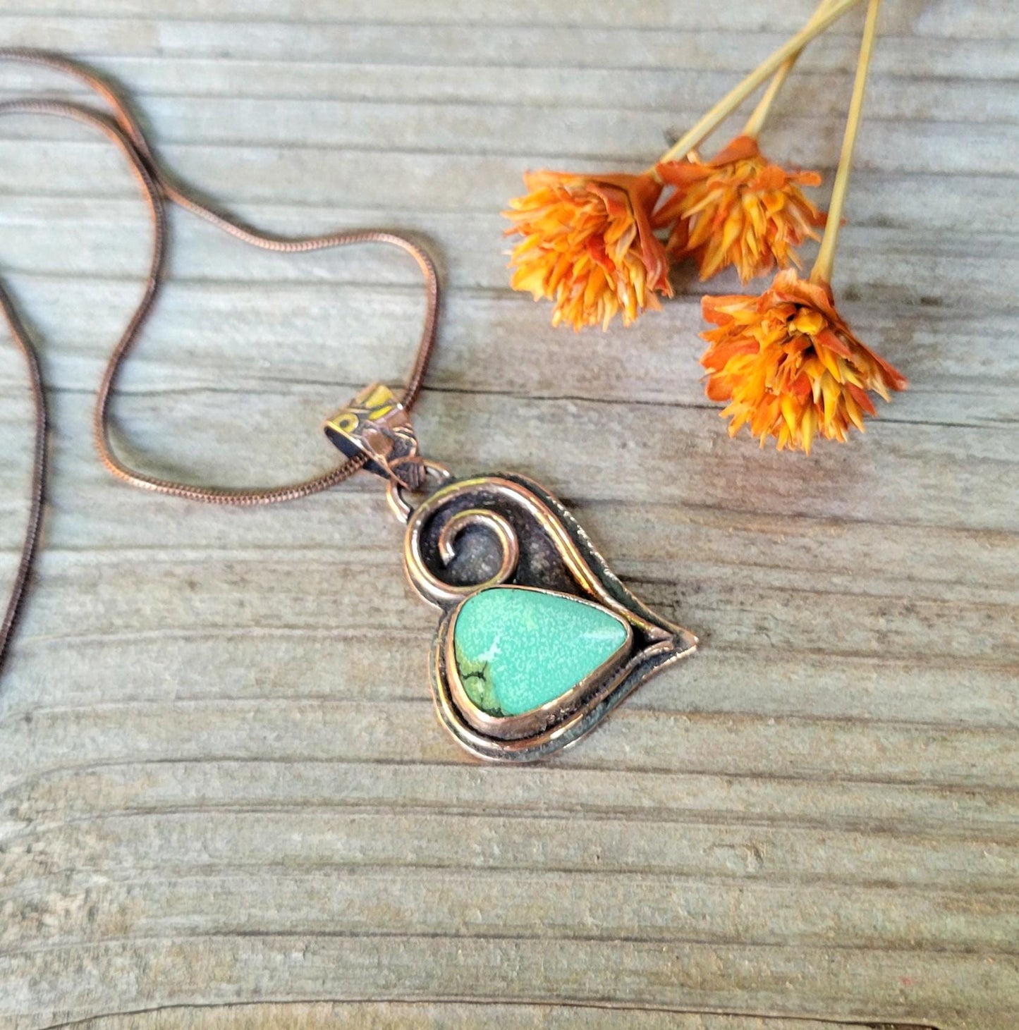 Turquoise Copper Heart Necklace - handmade, green hubei turquoise stone, antiqued flower pattern copper, rugged, solid, beautiful gift