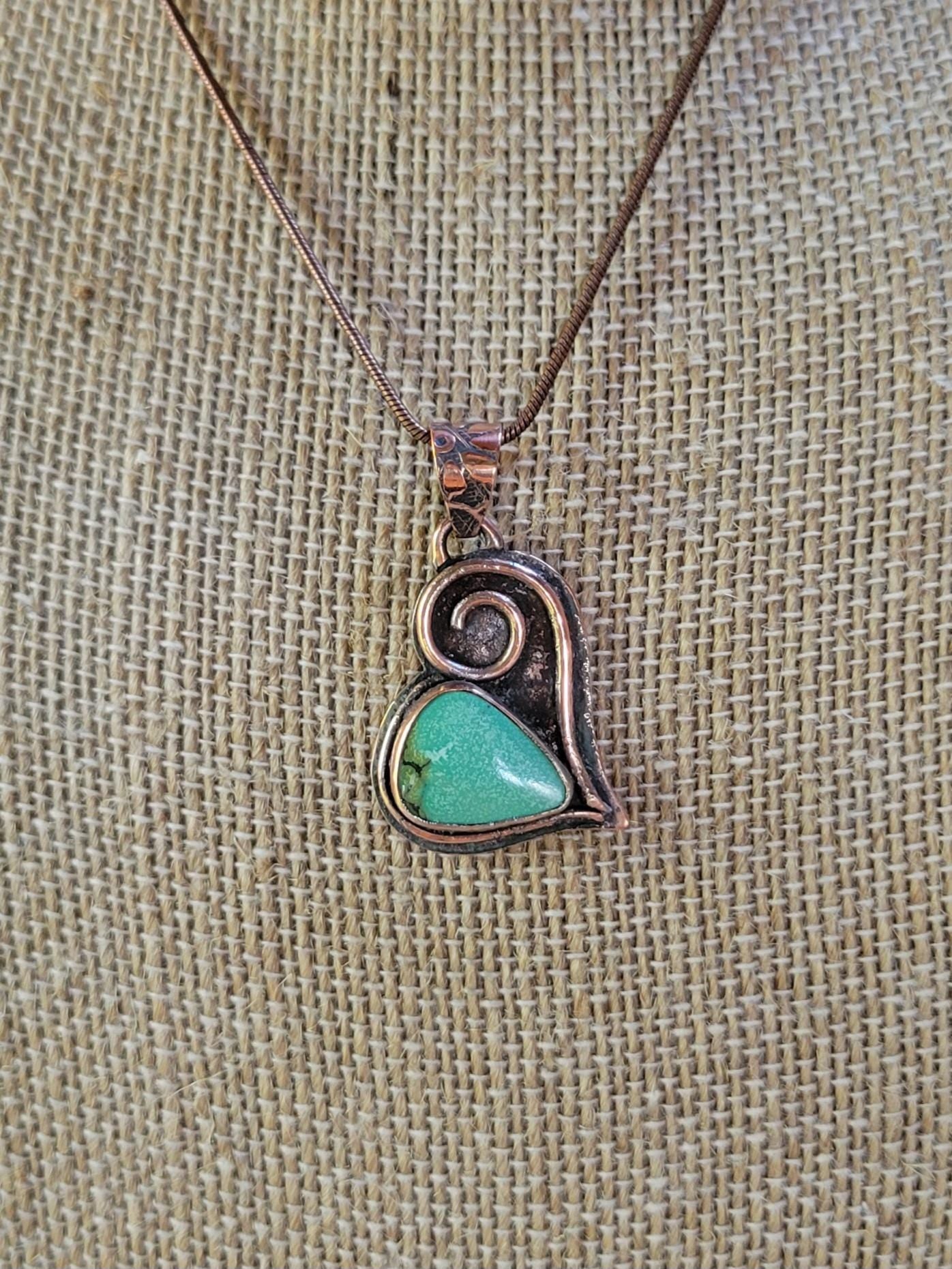 Turquoise Copper Heart Necklace - handmade, green hubei turquoise stone, antiqued flower pattern copper, rugged, solid, beautiful gift
