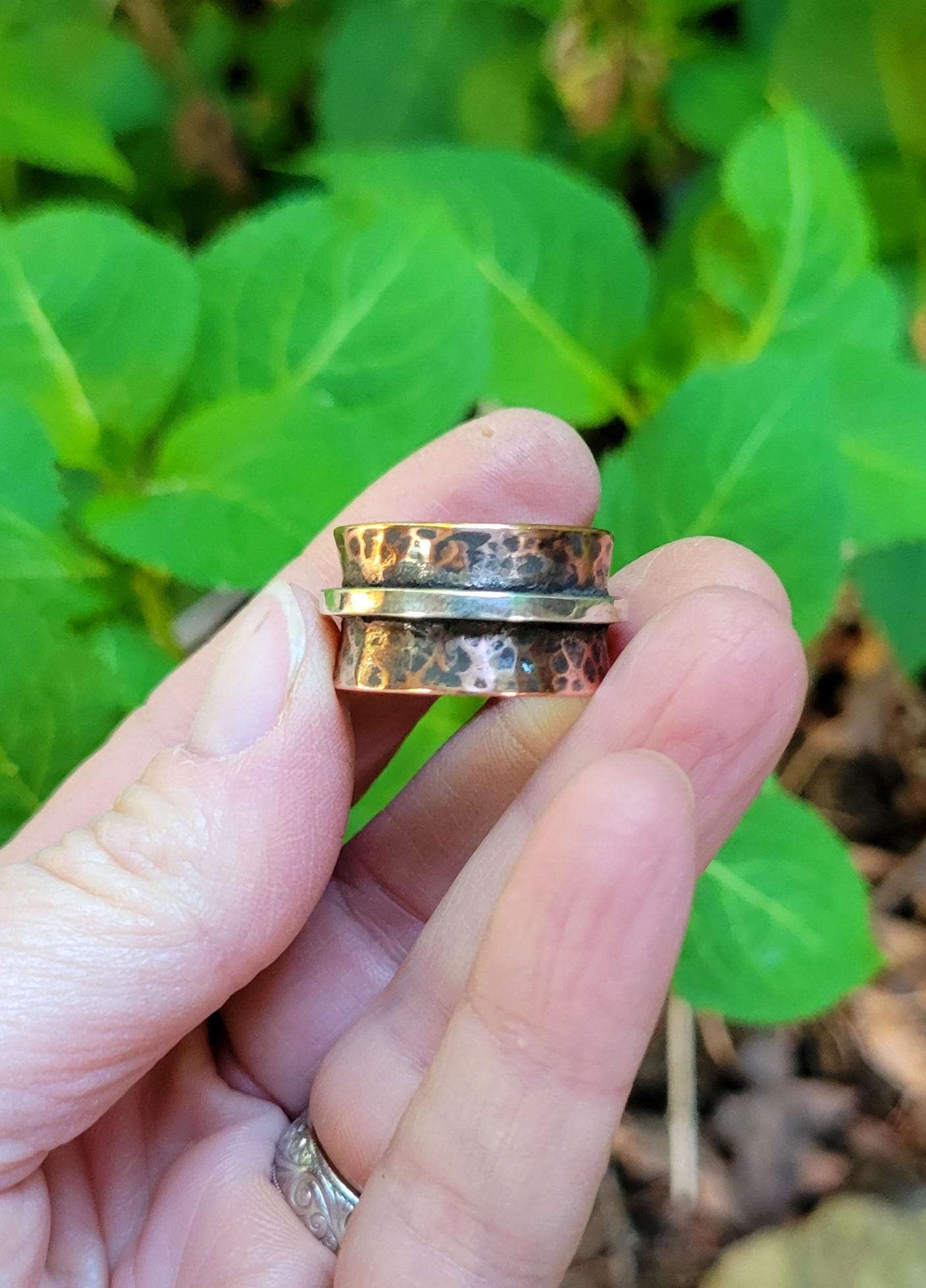 Copper Ring with Sterling Silver - handmade, hammered copper, mixed metals, southwestern, western, rustic, comfortable, gift, Size 7.5 USA