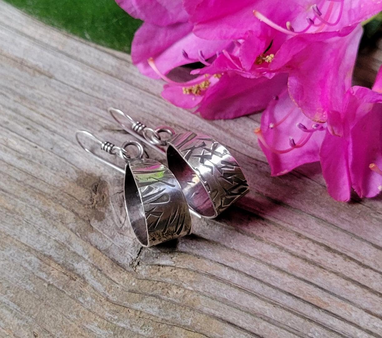 Sterling Silver Hoops - embeded pattern, small hoops, dangles, simple, elegant, handmade, extremely lightweight