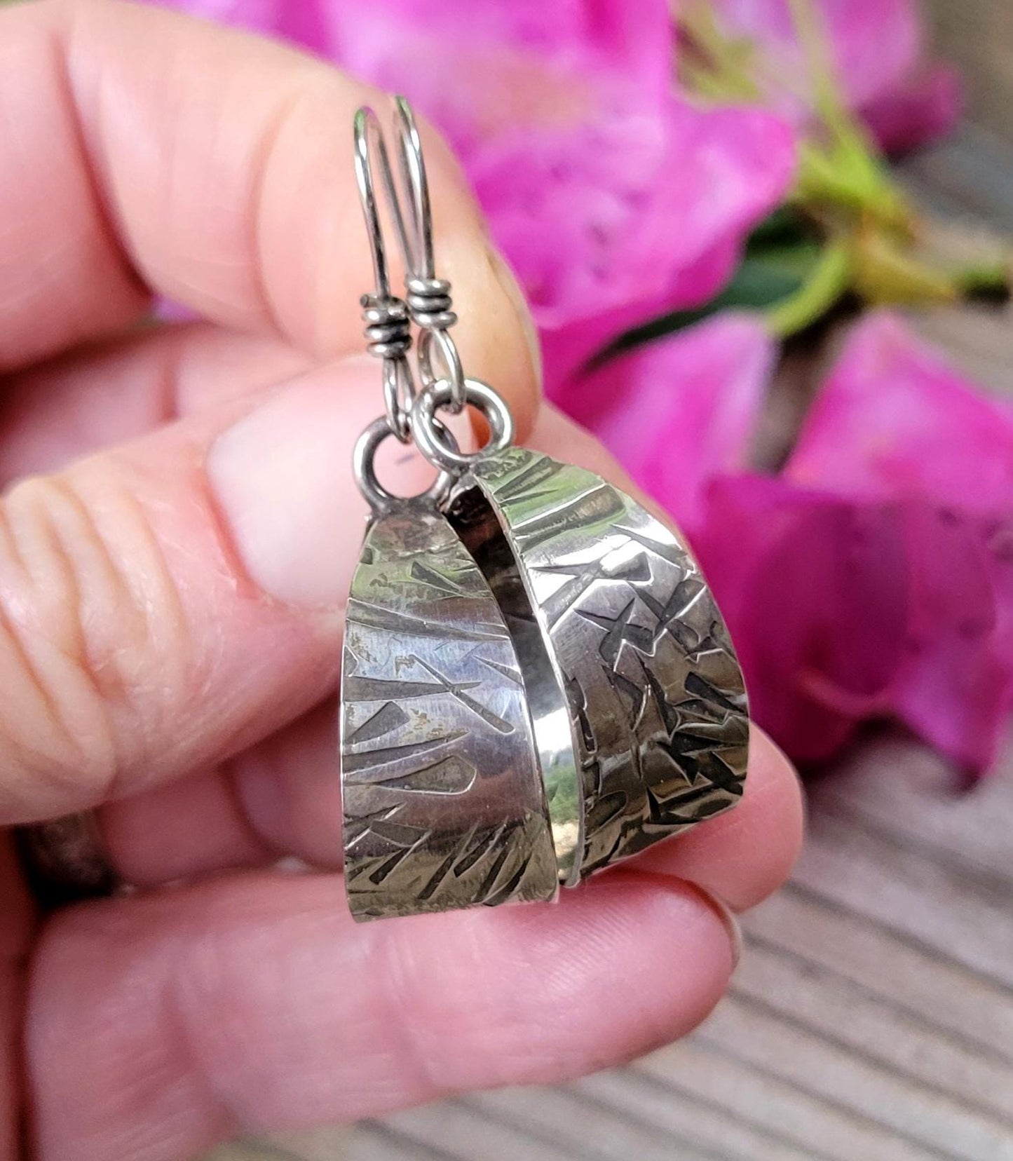 Sterling Silver Hoops - embeded pattern, small hoops, dangles, simple, elegant, handmade, extremely lightweight