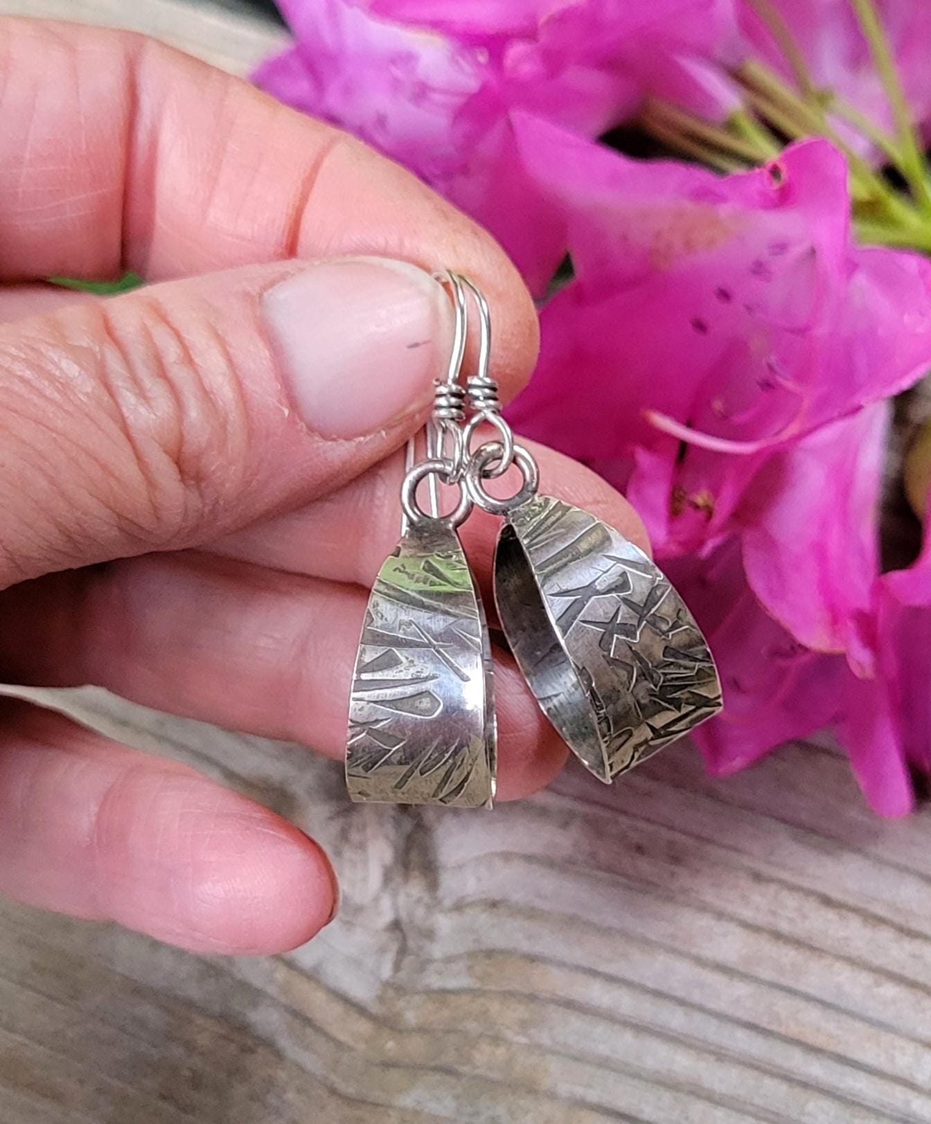 Sterling Silver Hoops - embeded pattern, small hoops, dangles, simple, elegant, handmade, extremely lightweight