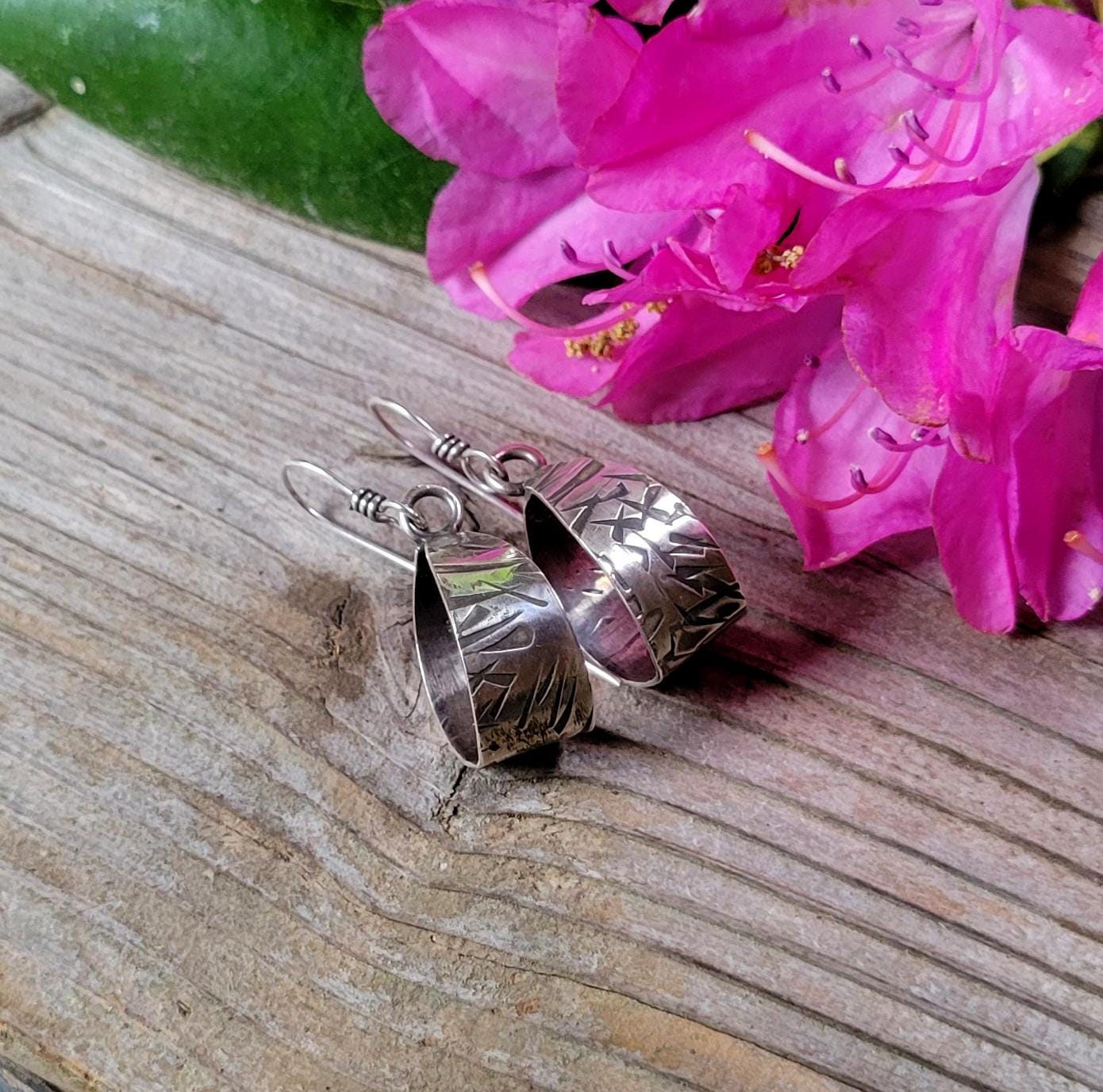 Sterling Silver Hoops - embeded pattern, small hoops, dangles, simple, elegant, handmade, extremely lightweight
