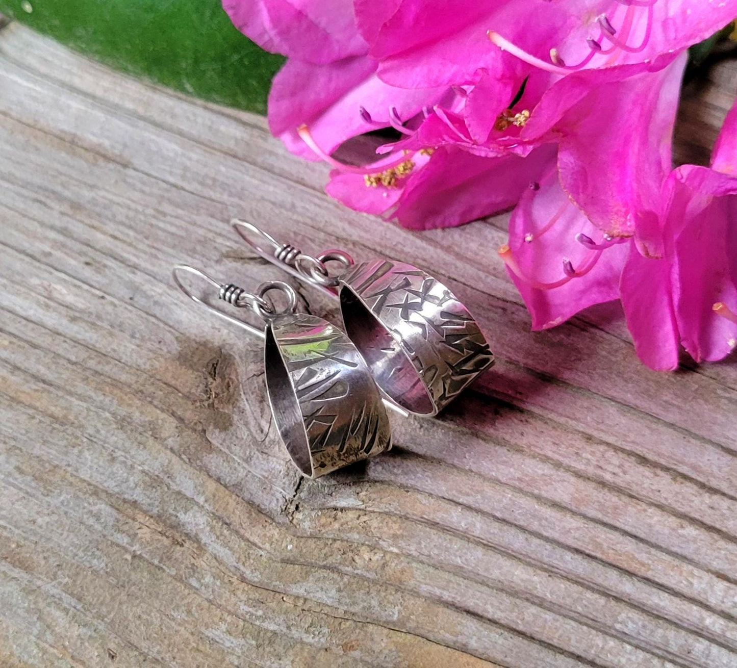 Sterling Silver Hoops - embeded pattern, small hoops, dangles, simple, elegant, handmade, extremely lightweight