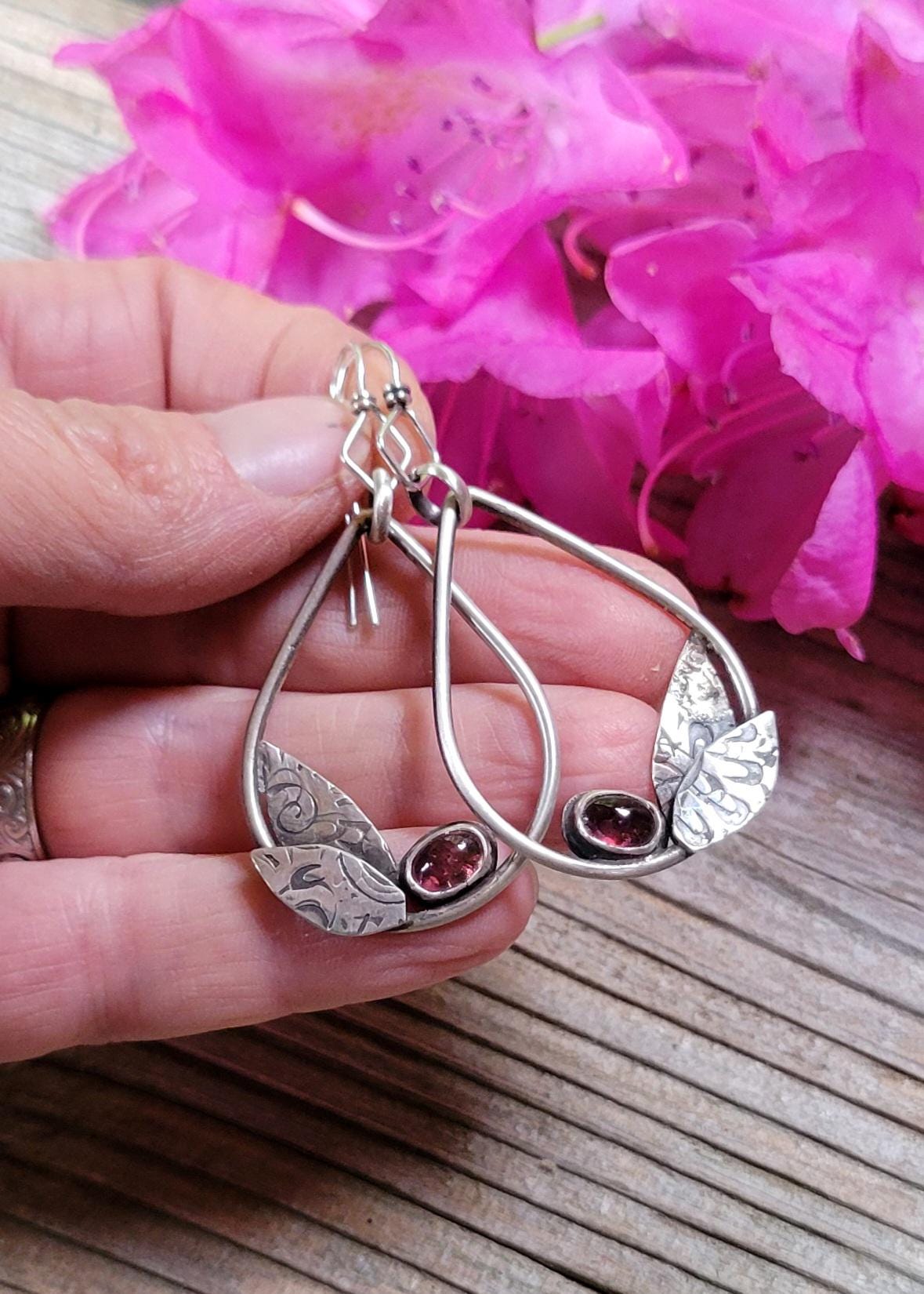 Hot Pink Sterling Silver Leaf Hoops - handmade earrings, natural tourmaline gemstones, teardrop, leaves, very lightweight, beautiful gift