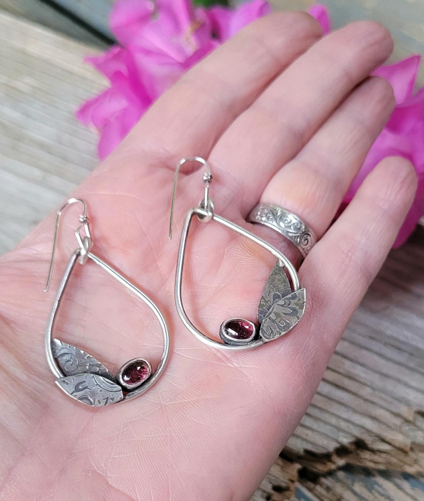 Hot Pink Sterling Silver Leaf Hoops - handmade earrings, natural tourmaline gemstones, teardrop, leaves, very lightweight, beautiful gift