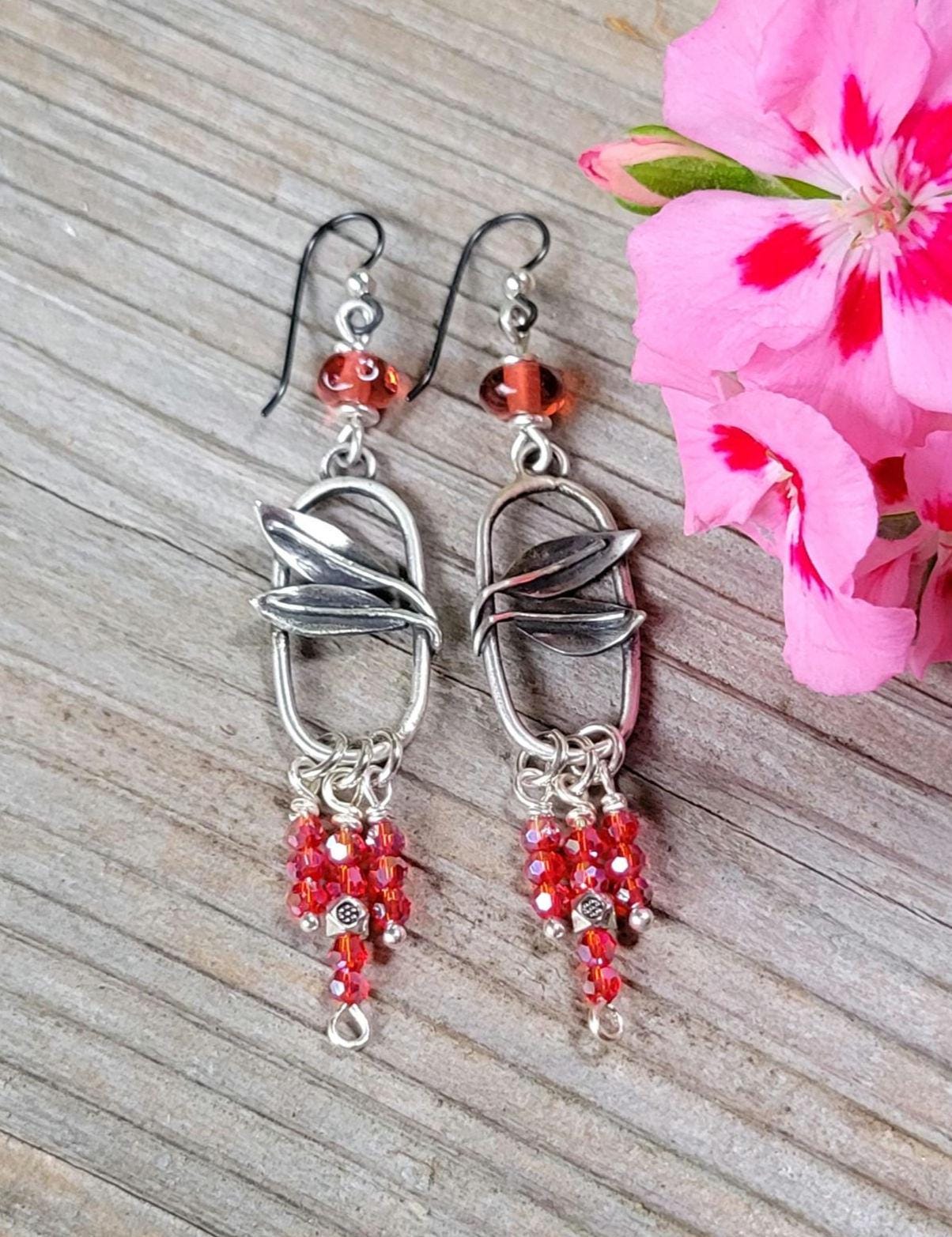 Silver Leaf Beaded Fringe Earrings - sterling silver, handmade, strawberry artisan glass beads and crystals, lightweight, beautiful gift