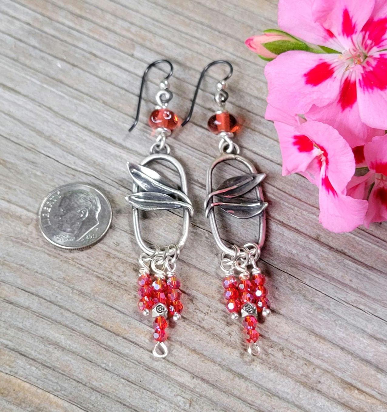 Silver Leaf Beaded Fringe Earrings - sterling silver, handmade, strawberry artisan glass beads and crystals, lightweight, beautiful gift