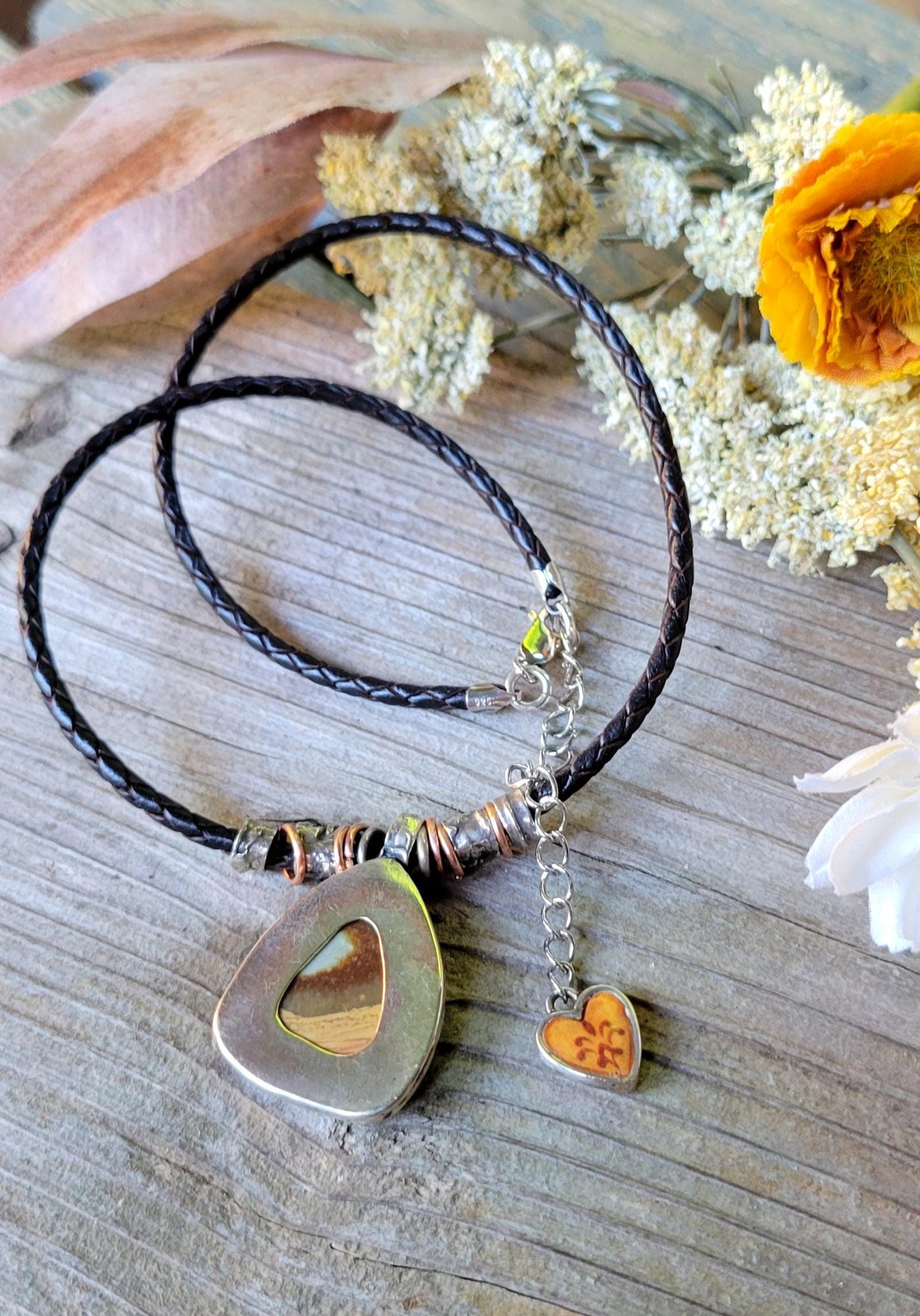 Jasper Necklace - sterling silver, hand crafted, brown leather, natural stone, layered earth tones, handmade, adjustable, beautiful gift