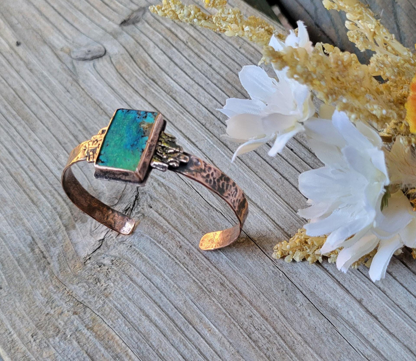 Turquoise Copper Cuff - handmade, green and blue hubei turquoise stone, antiqued hammered copper, rugged, solid, beautiful gift
