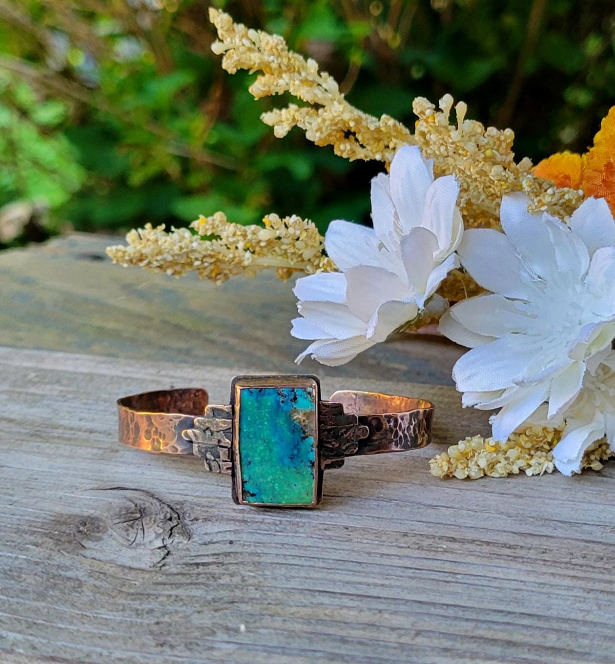 Turquoise Copper Cuff - handmade, green and blue hubei turquoise stone, antiqued hammered copper, rugged, solid, beautiful gift