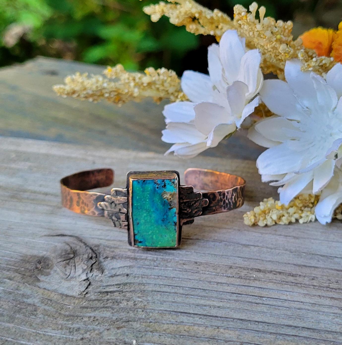 Turquoise Copper Cuff - handmade, green and blue hubei turquoise stone, antiqued hammered copper, rugged, solid, beautiful gift