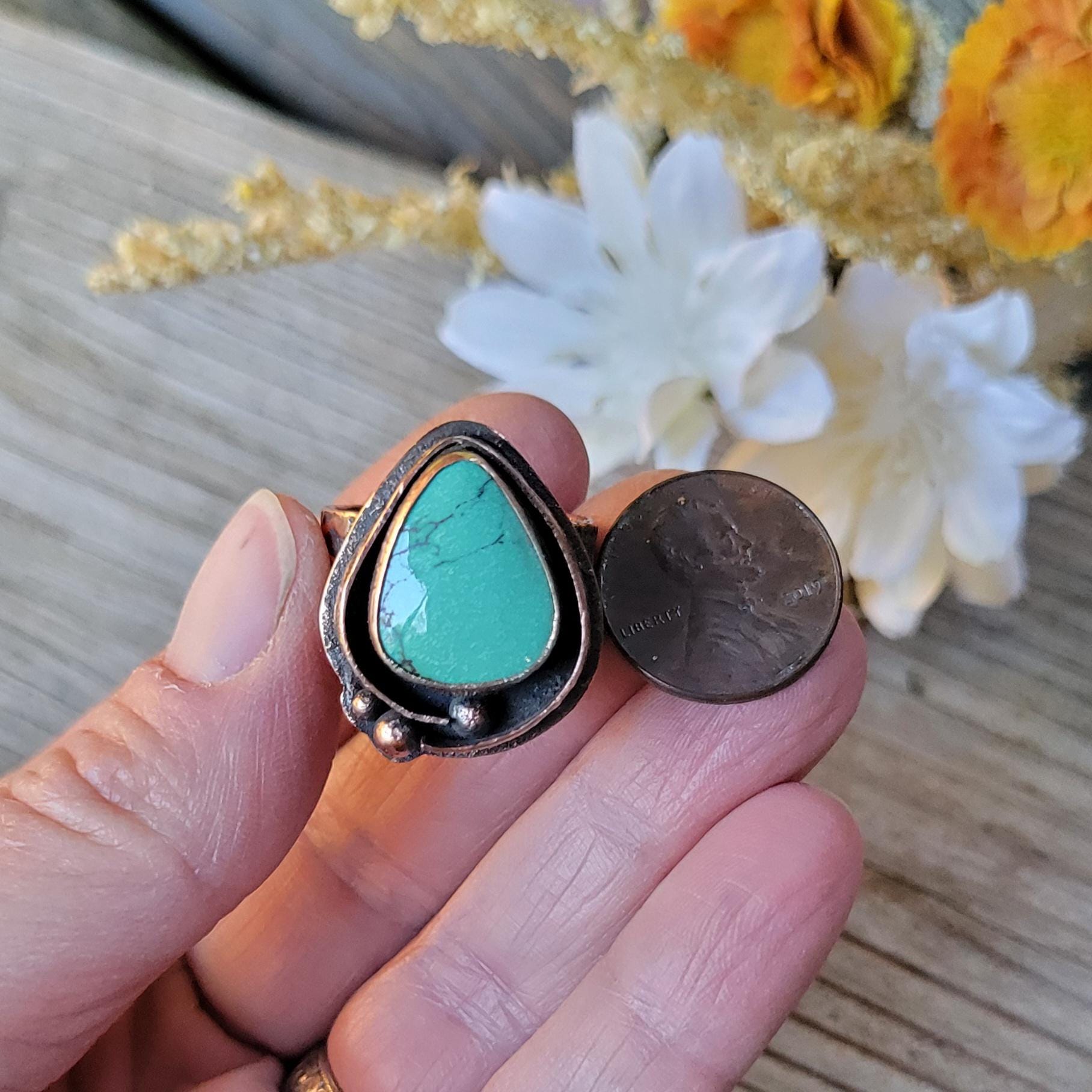 Green Hubei Turquoise Copper Ring - handmade, antiqued hammered copper, rugged, solid, beautiful gift, Size 7.5 USA