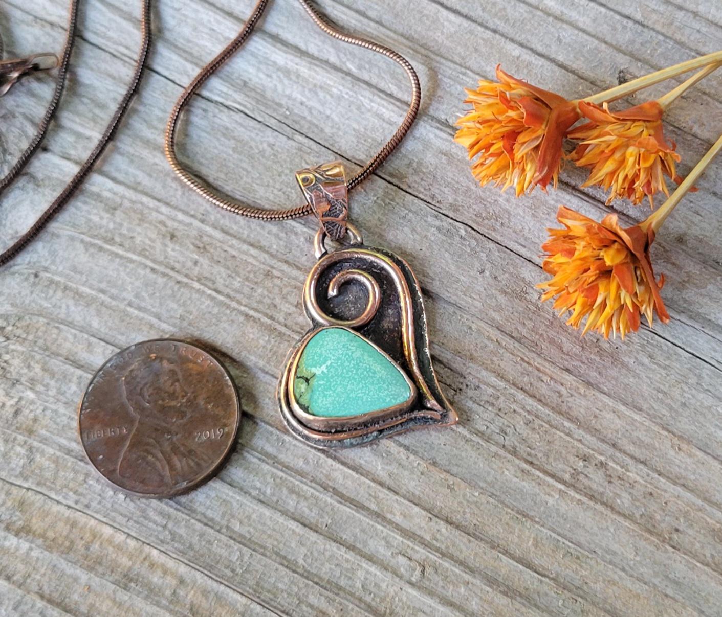 Turquoise Copper Heart Necklace - handmade, green hubei turquoise stone, antiqued flower pattern copper, rugged, solid, beautiful gift