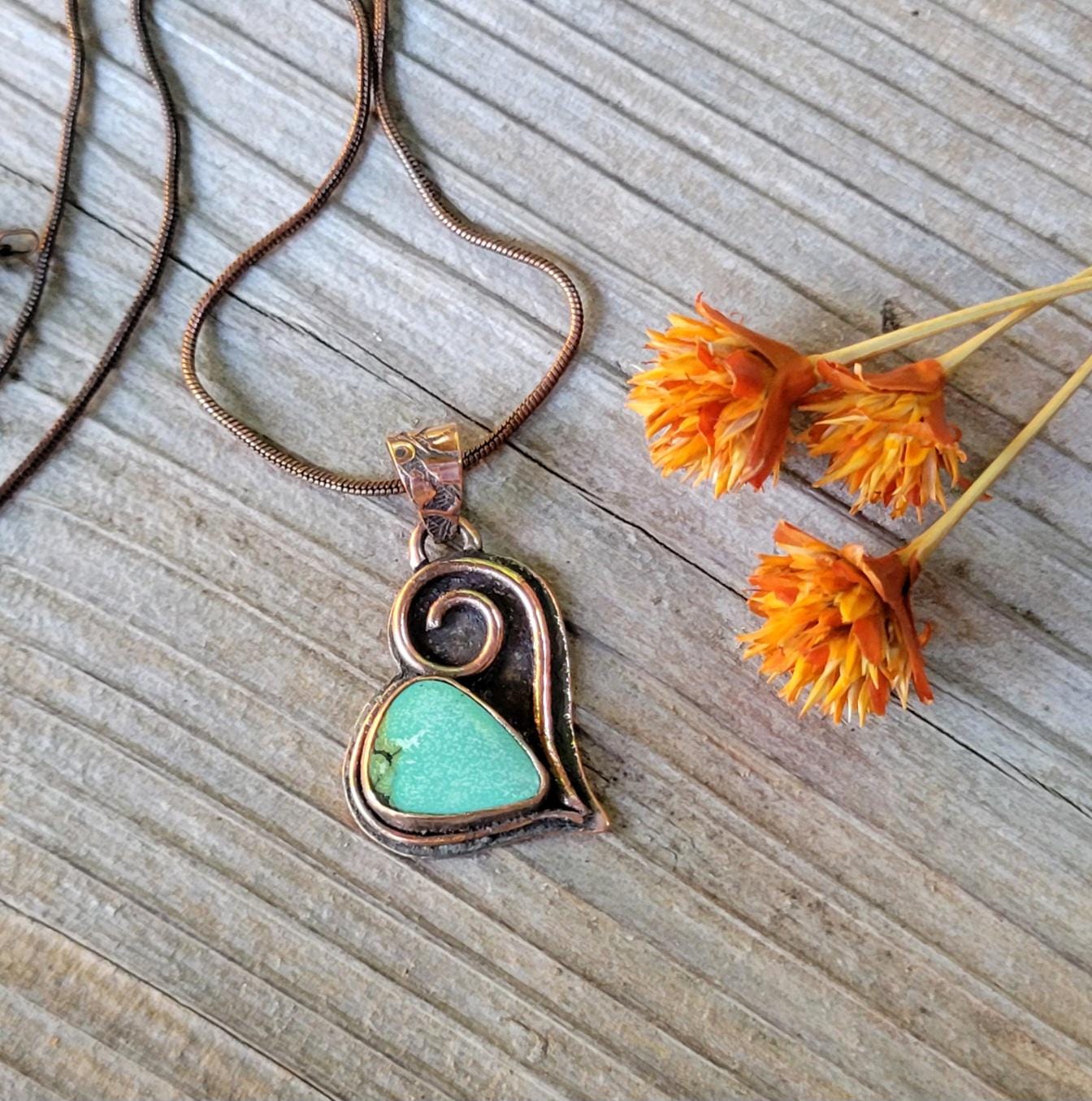 Turquoise Copper Heart Necklace - handmade, green hubei turquoise stone, antiqued flower pattern copper, rugged, solid, beautiful gift