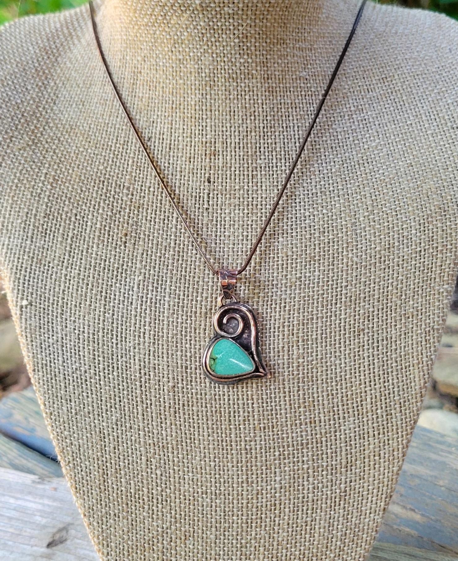 Turquoise Copper Heart Necklace - handmade, green hubei turquoise stone, antiqued flower pattern copper, rugged, solid, beautiful gift