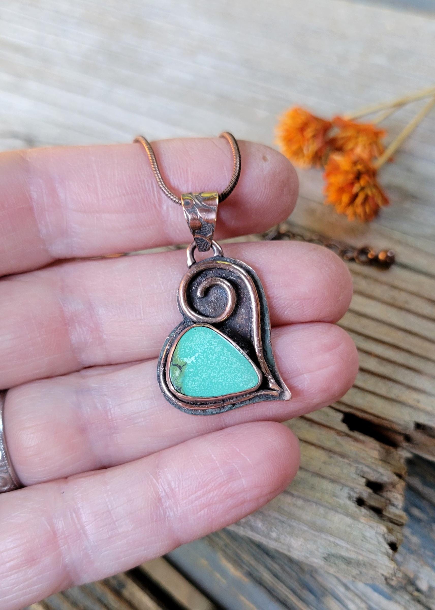 Turquoise Copper Heart Necklace - handmade, green hubei turquoise stone, antiqued flower pattern copper, rugged, solid, beautiful gift