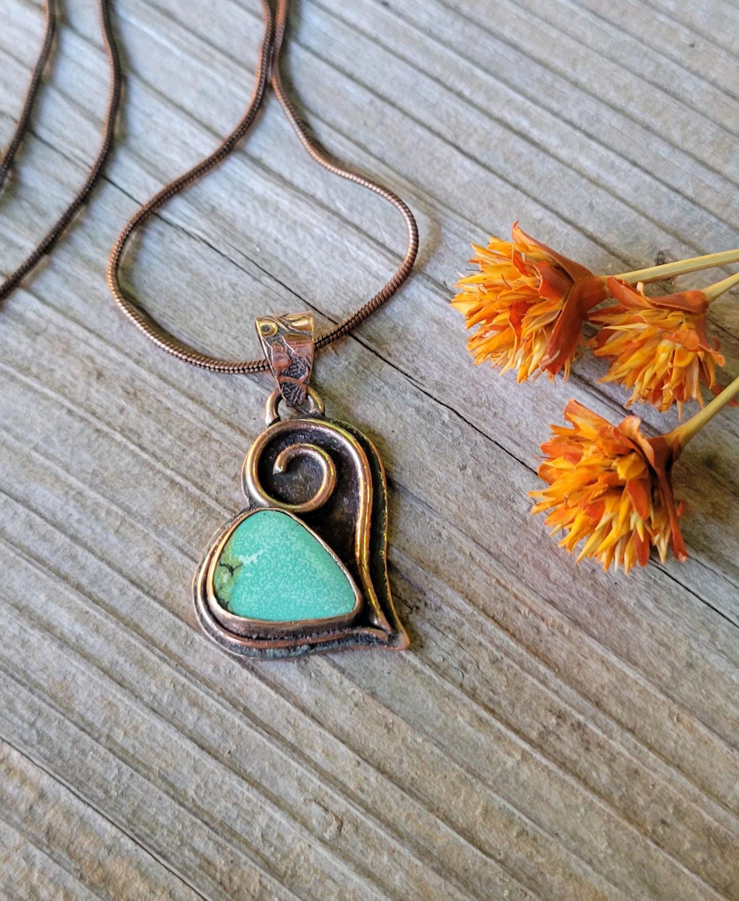 Turquoise Copper Heart Necklace - handmade, green hubei turquoise stone, antiqued flower pattern copper, rugged, solid, beautiful gift