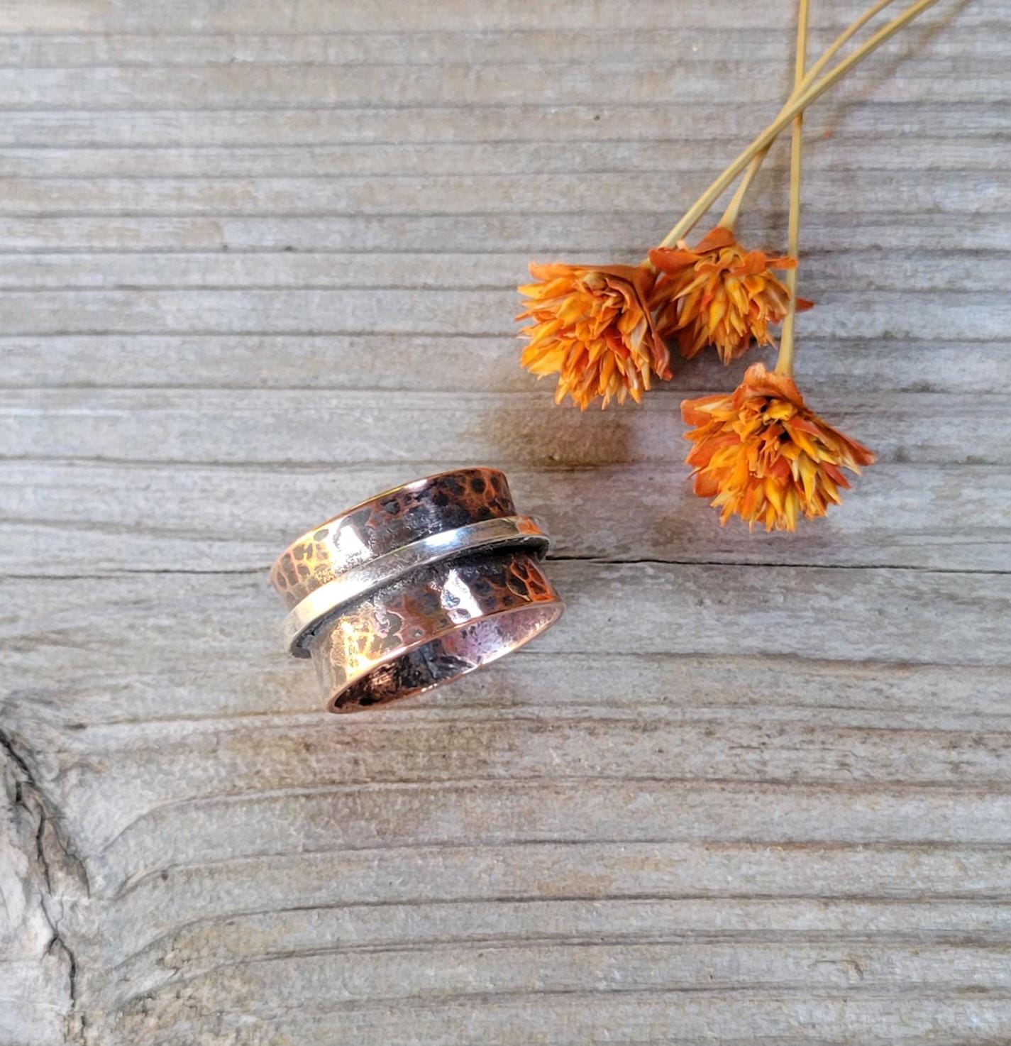 Copper Ring with Sterling Silver - handmade, hammered copper, mixed metals, southwestern, western, rustic, comfortable, gift, Size 7.5 USA