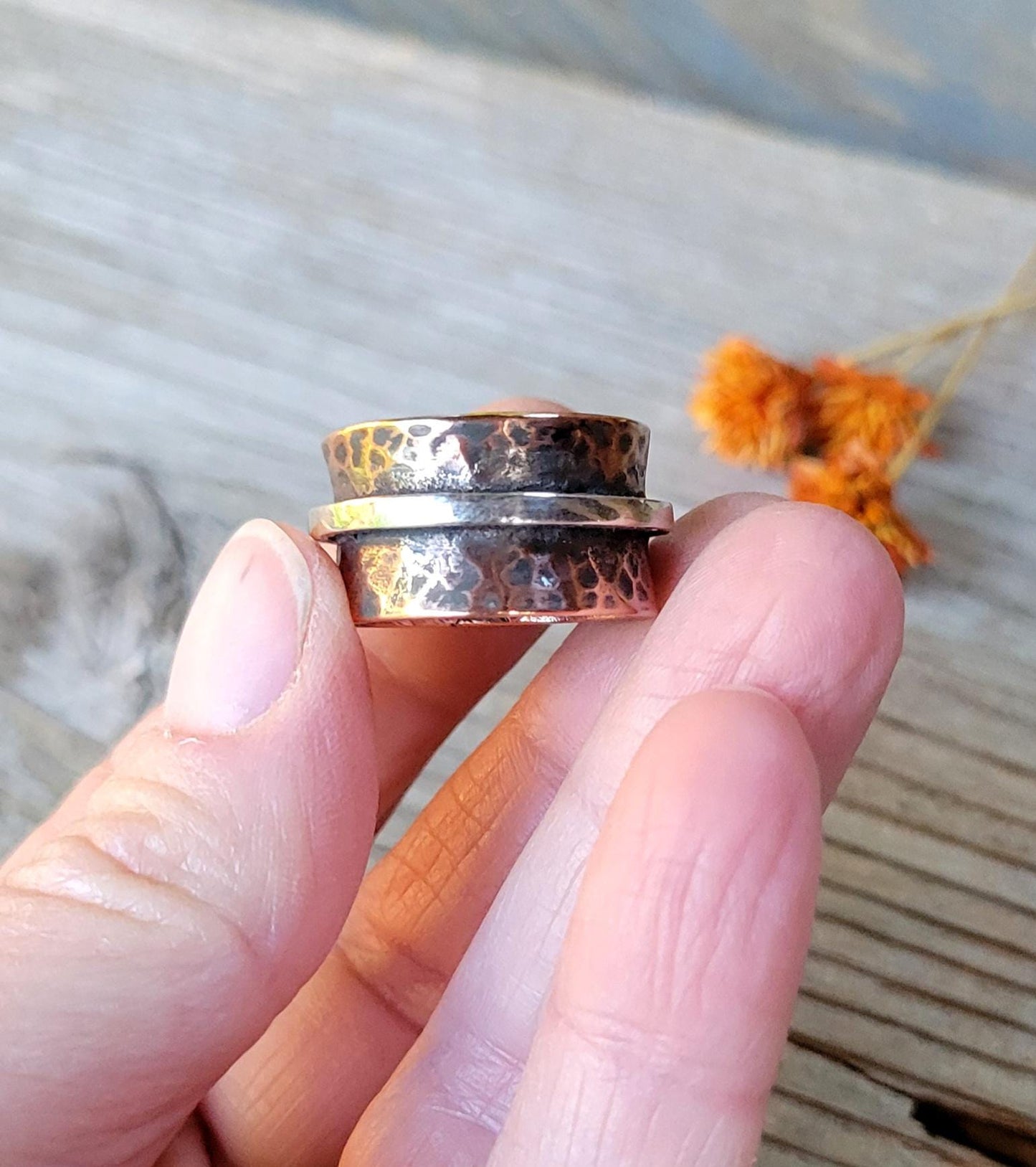Copper Ring with Sterling Silver - handmade, hammered copper, mixed metals, southwestern, western, rustic, comfortable, gift, Size 7.5 USA