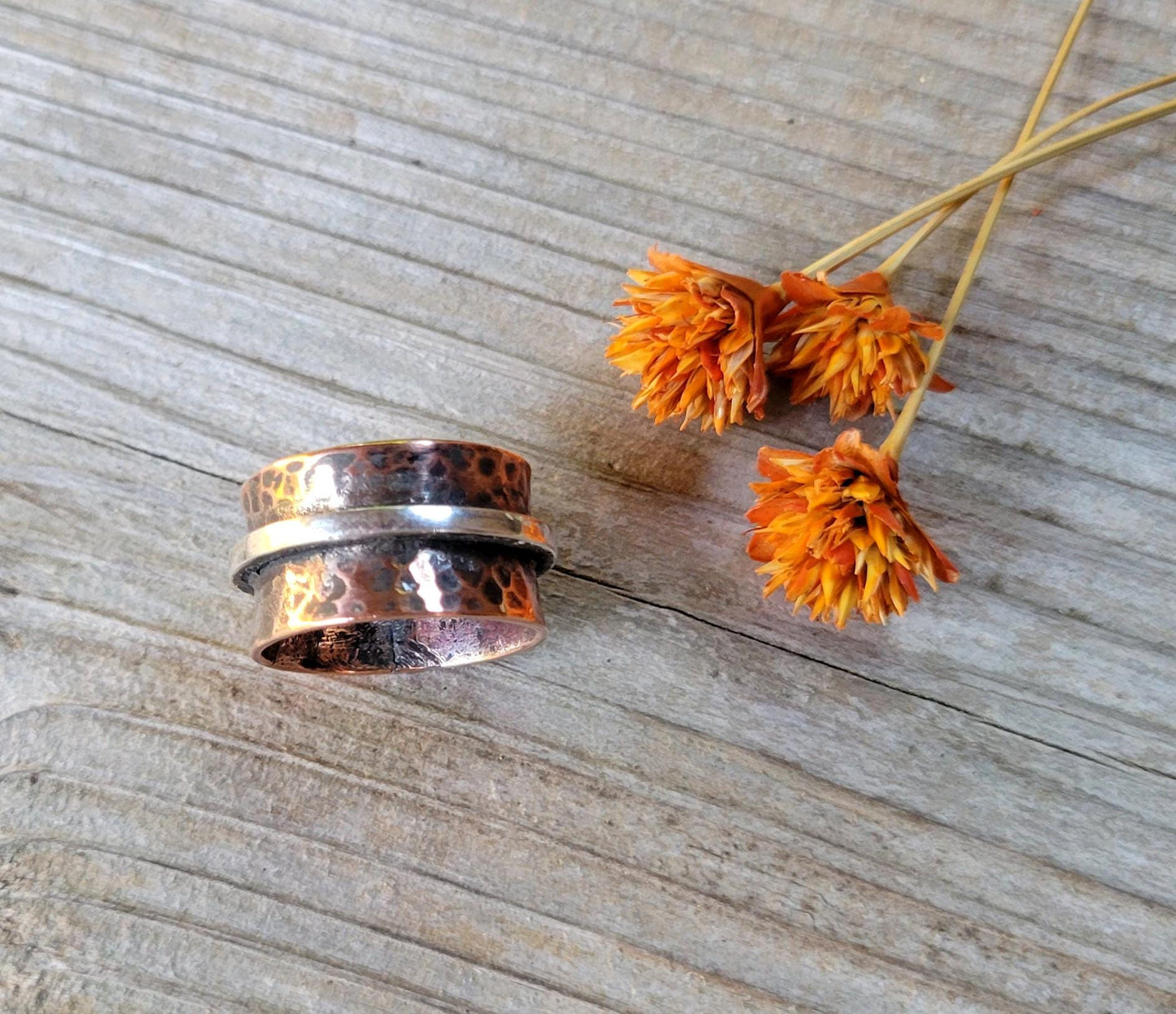 Copper Ring with Sterling Silver - handmade, hammered copper, mixed metals, southwestern, western, rustic, comfortable, gift, Size 7.5 USA
