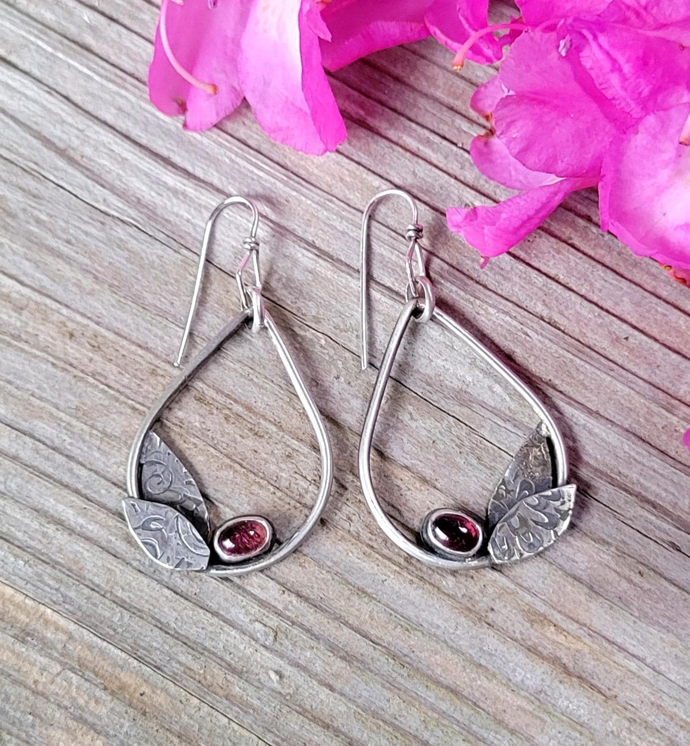 Hot Pink Sterling Silver Leaf Hoops - handmade earrings, natural tourmaline gemstones, teardrop, leaves, very lightweight, beautiful gift