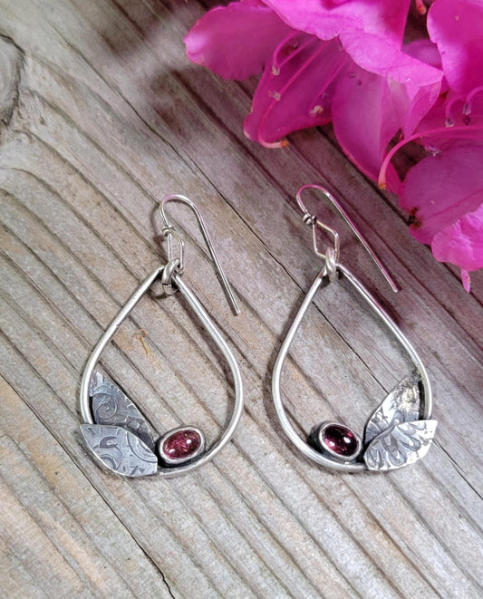 Hot Pink Sterling Silver Leaf Hoops - handmade earrings, natural tourmaline gemstones, teardrop, leaves, very lightweight, beautiful gift