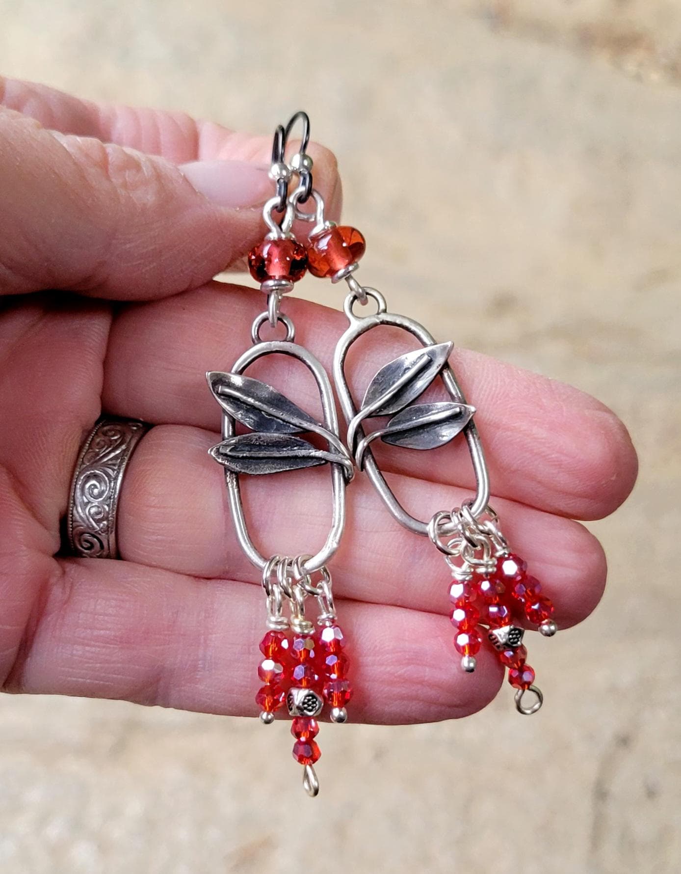 Silver Leaf Beaded Fringe Earrings - sterling silver, handmade, strawberry artisan glass beads and crystals, lightweight, beautiful gift