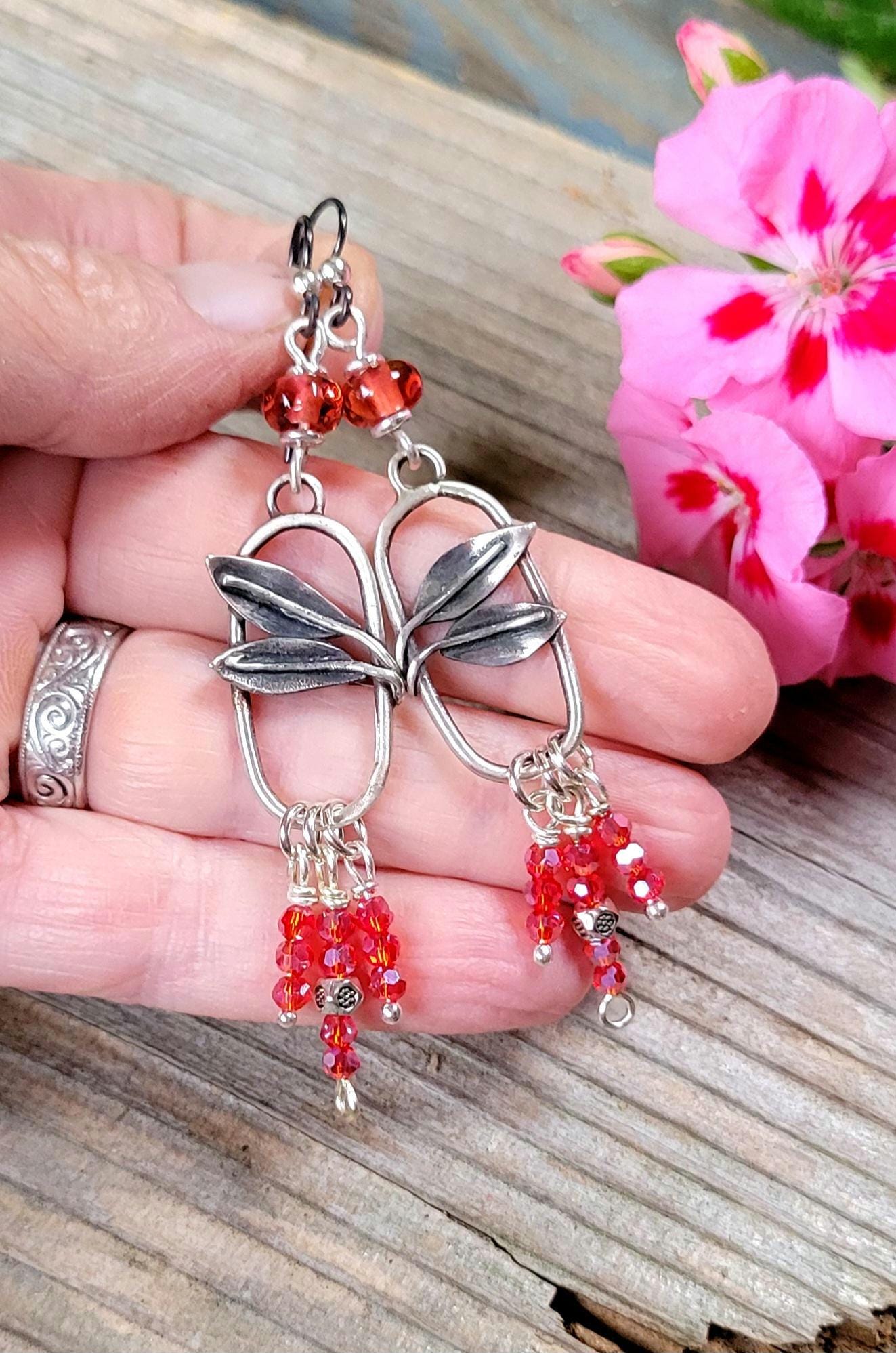 Silver Leaf Beaded Fringe Earrings - sterling silver, handmade, strawberry artisan glass beads and crystals, lightweight, beautiful gift